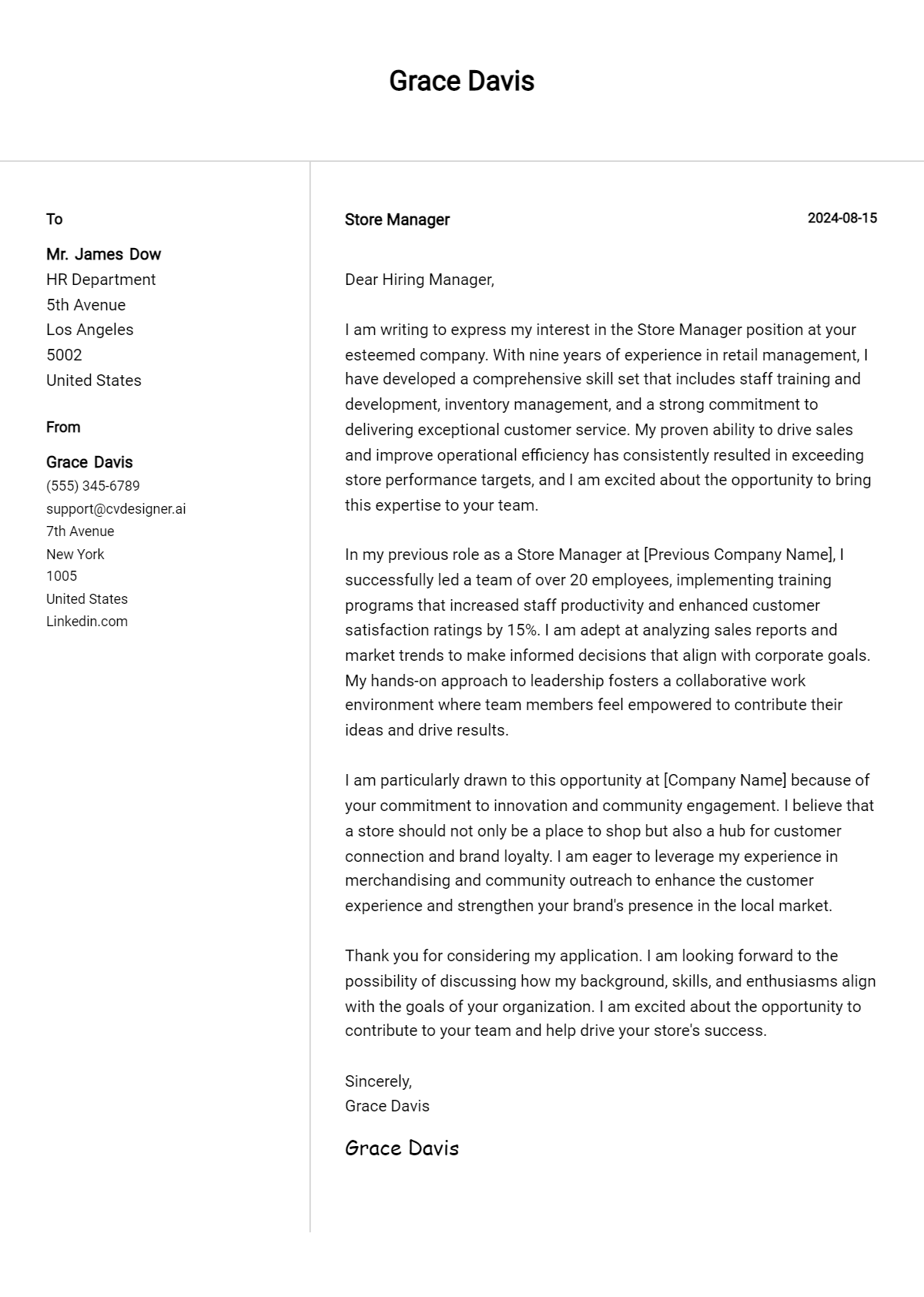 Store Manager Cover Letter Example for 2026 (Free Templates) Preview