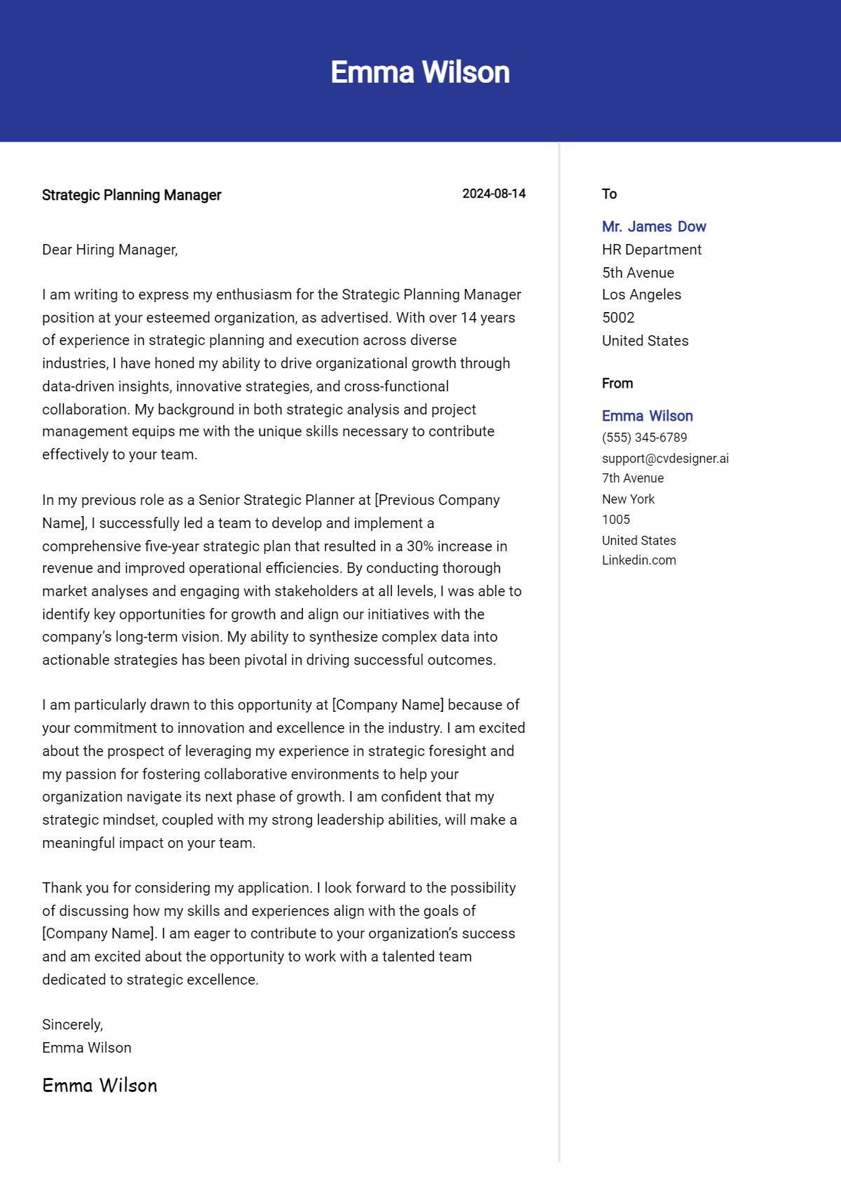 Strategic Planning Manager Cover Letter Example for 2026 (Writing Guide) Preview