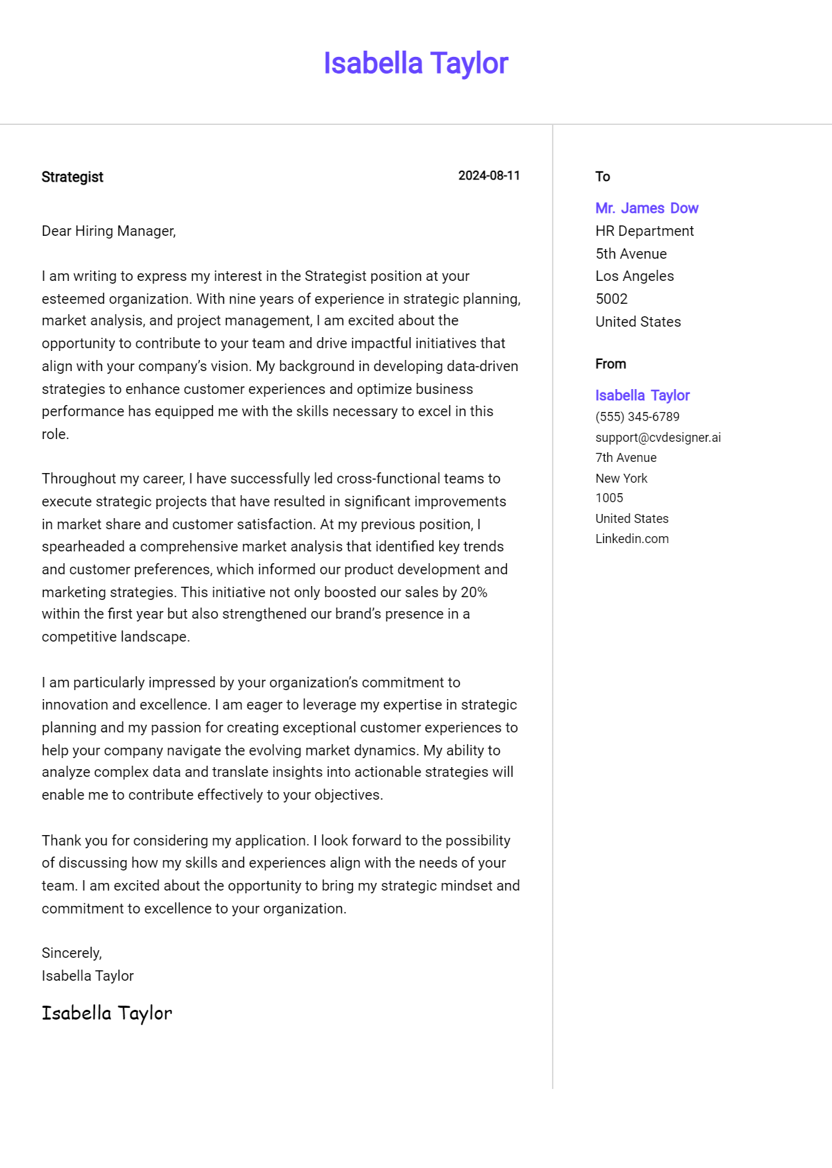 Strategist Cover Letter Example for 2026: Top CV Skills Preview