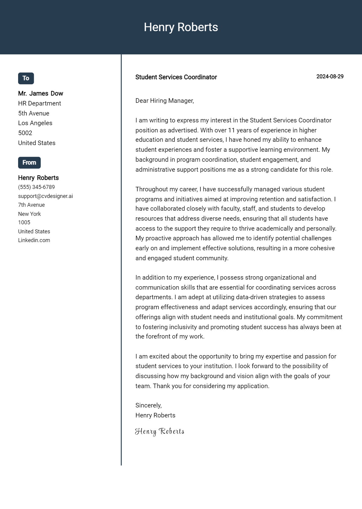 Student Services Coordinator Cover Letter Example for 2026: Proven Tips Preview