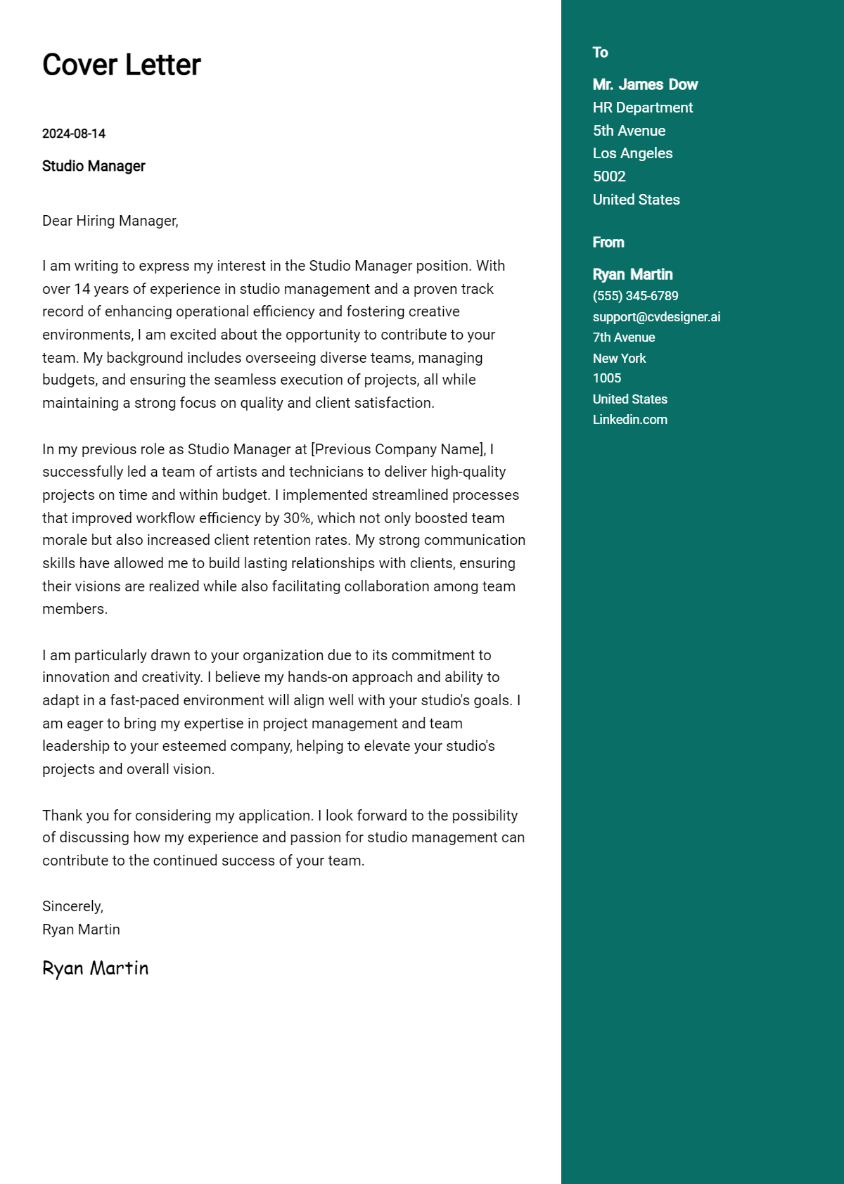 Studio Manager Cover Letter Examples and Templates for 2026 Preview