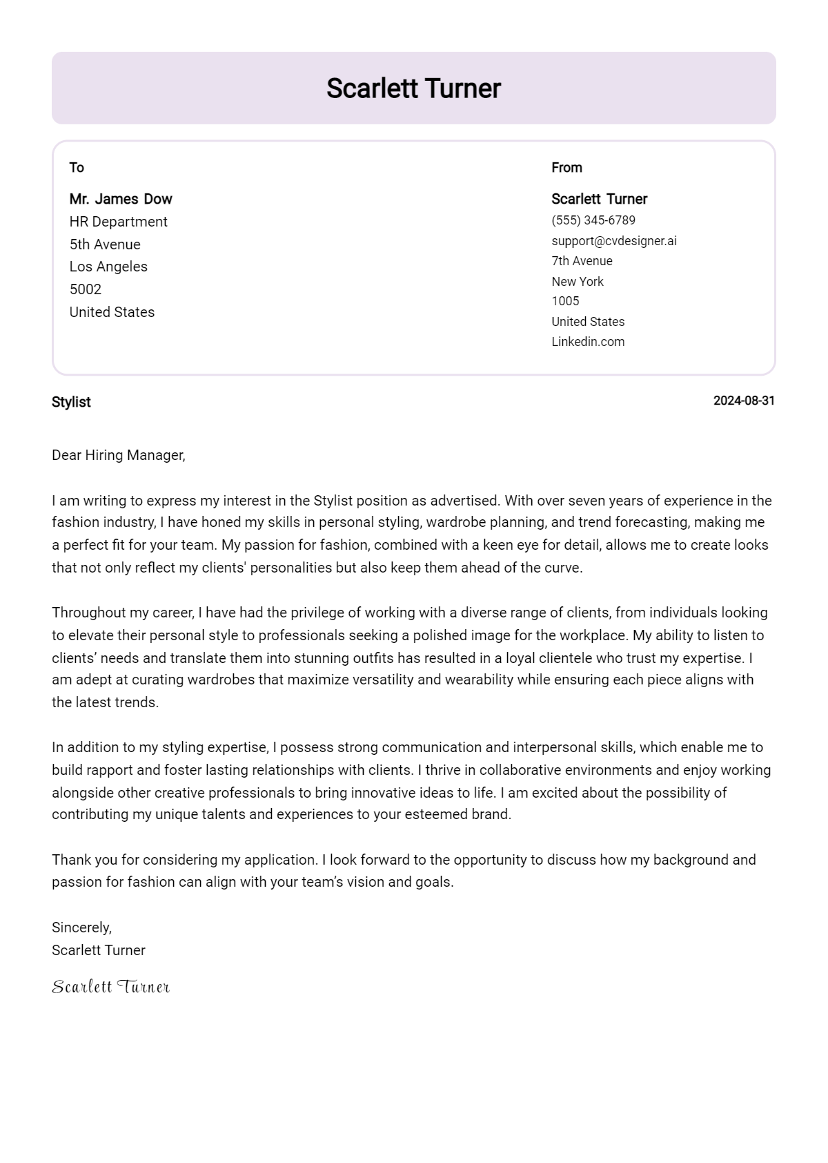 Stylist Cover Letter Example for 2026: Top CV Skills Preview