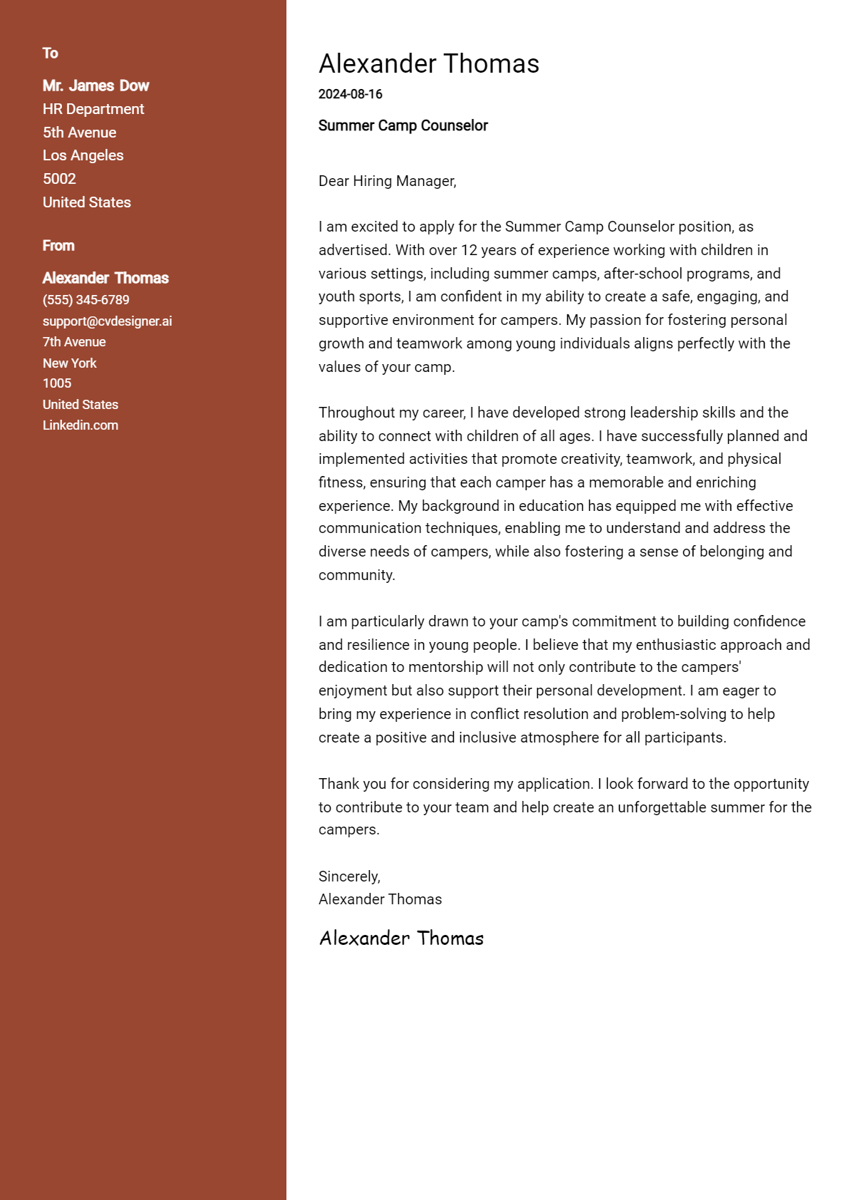 Summer Camp Counselor Cover Letter Example for 2026 (Writing Guide) Preview