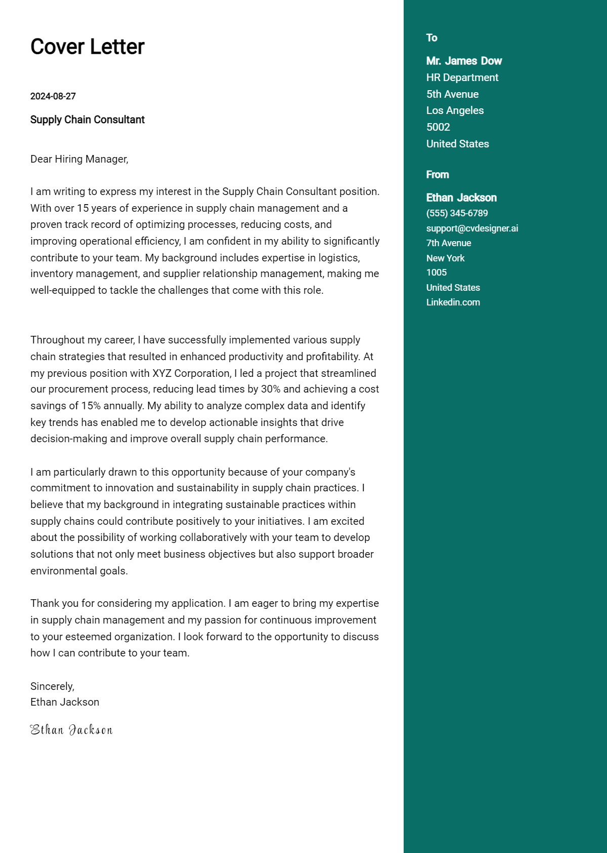 Supply Chain Consultant Cover Letter Example for 2026 (Download Templates) Preview