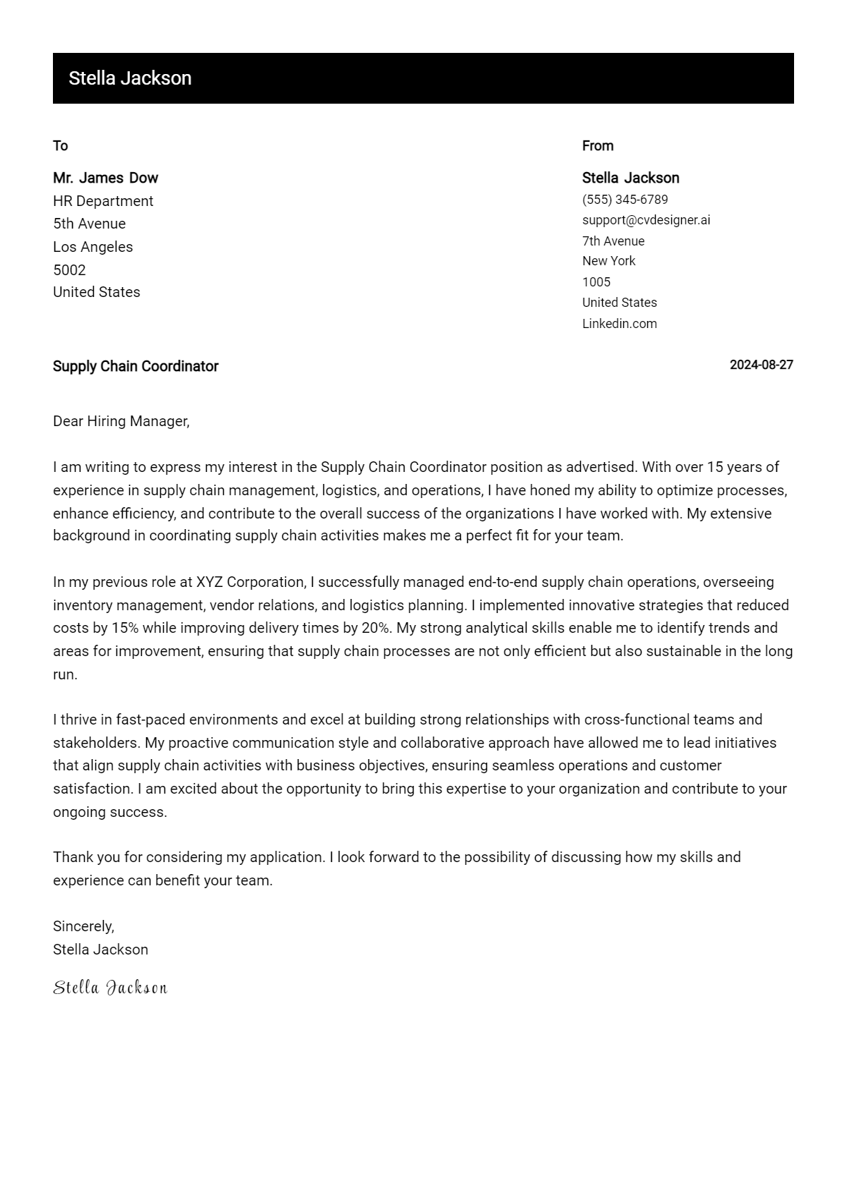 Supply Chain Coordinator Cover Letter Example for 2026 (Download Templates) Preview