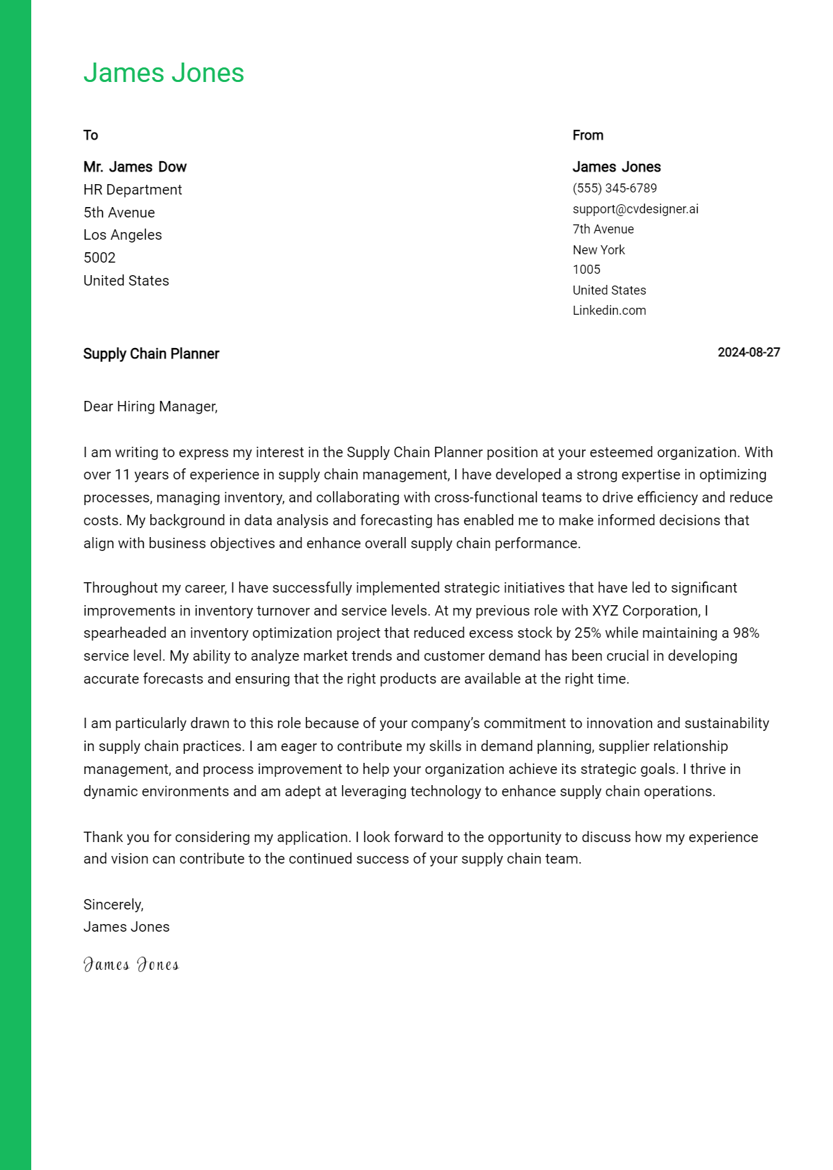 Supply Chain Planner Cover Letter Example for 2026 (Download Templates) Preview