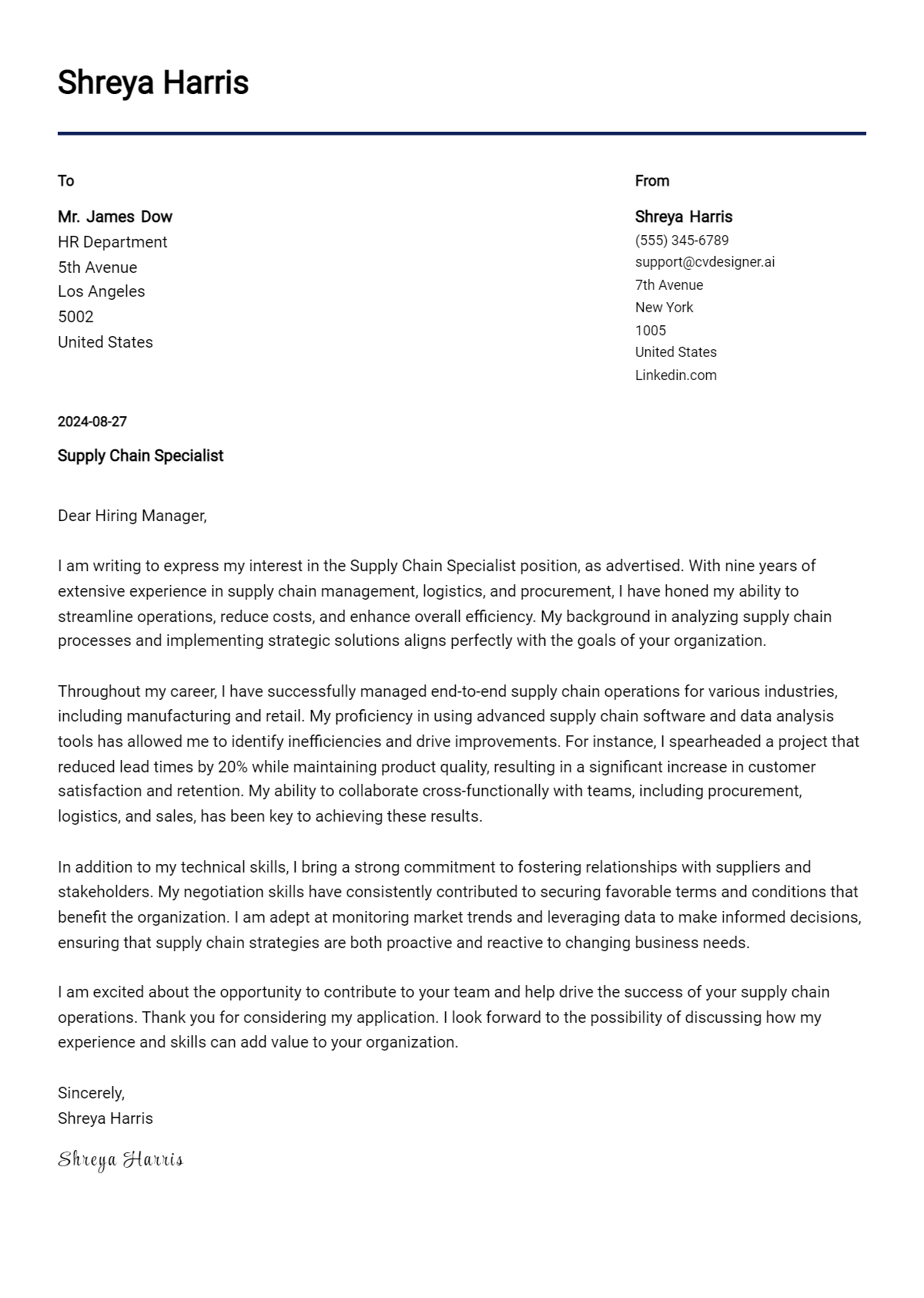Supply Chain Specialist Cover Letter Examples and Templates for 2026 Preview