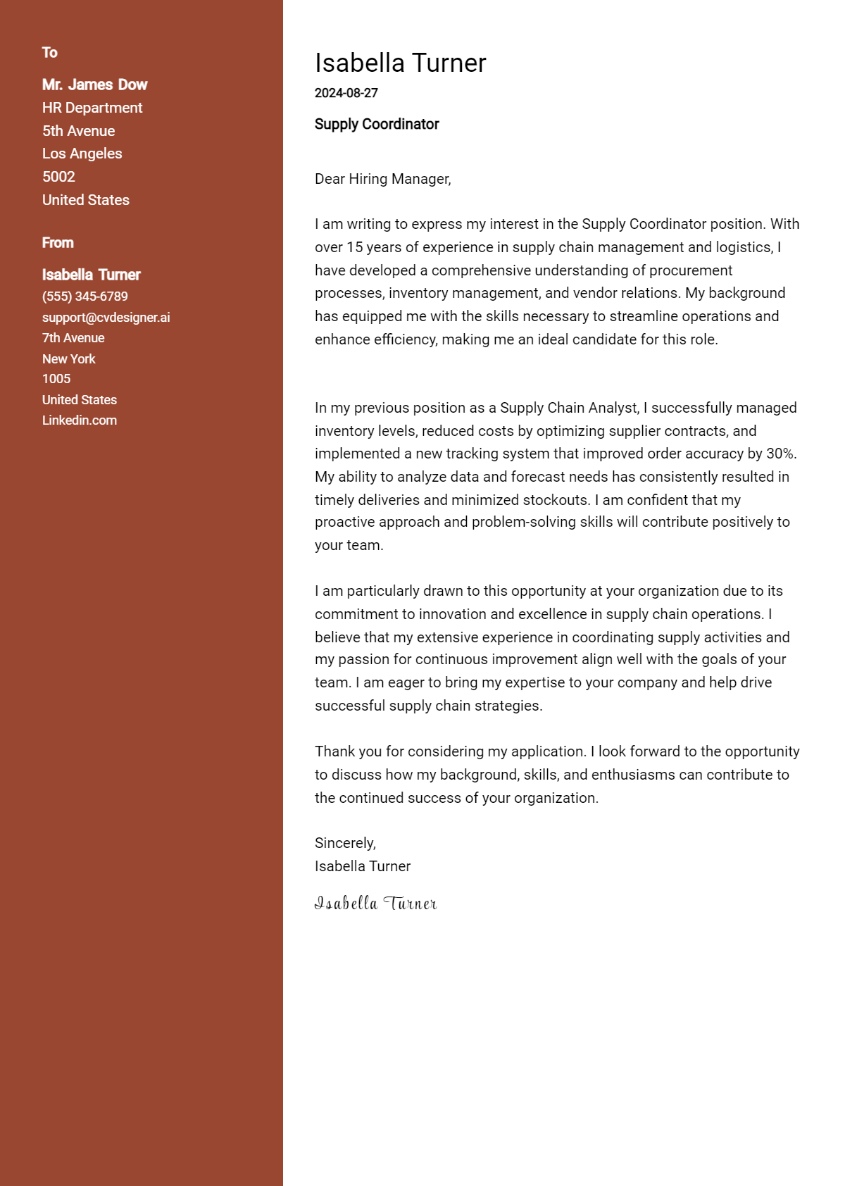 Supply Coordinator Cover Letter Samples & Examples 2026 Preview