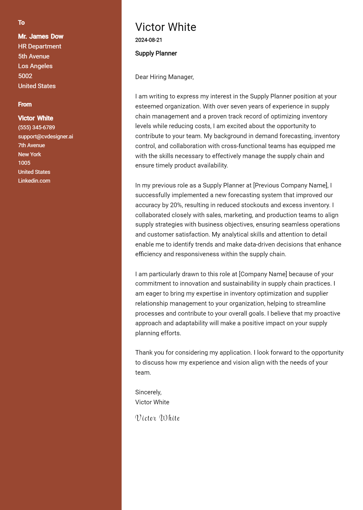 Supply Planner Cover Letter Example for 2026 (Writing Guide) Preview