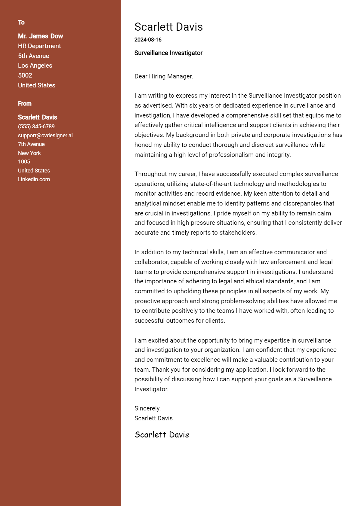 Surveillance Investigator Cover Letter Samples & Examples 2026 Preview