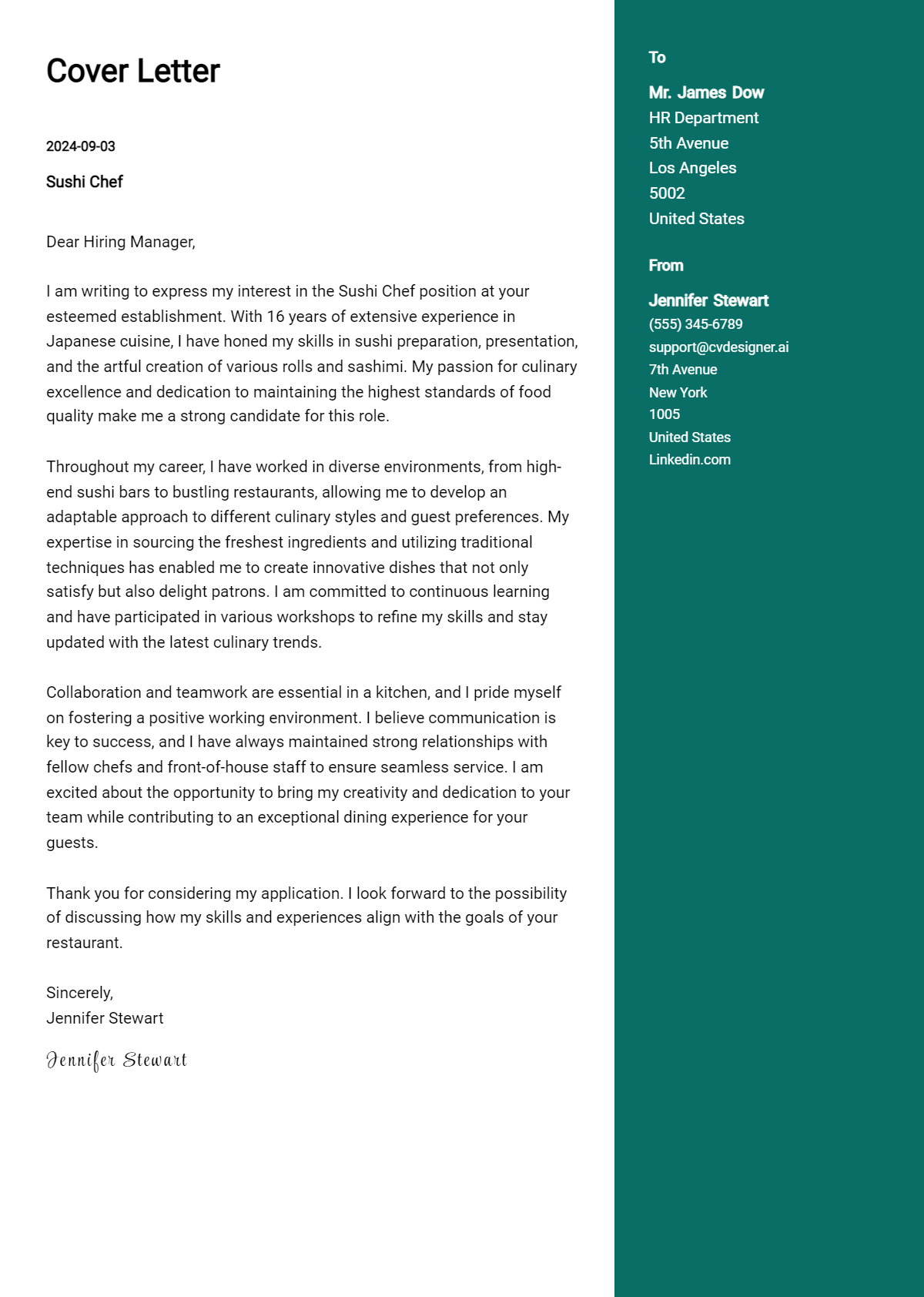 Sushi Chef Cover Letter Example for 2026 (Complete Writing Guide) Preview