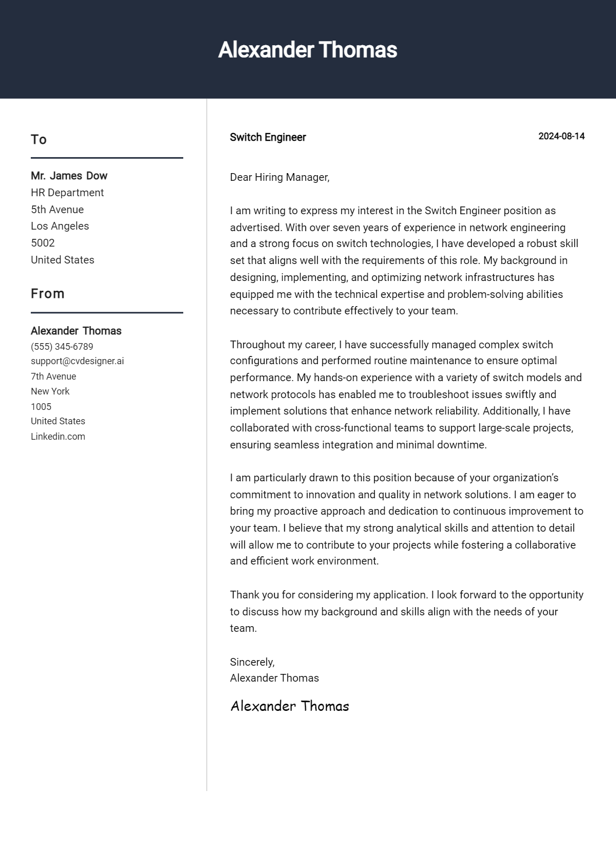 Switch Engineer Cover Letter Examples for 2026 (Downloadable) Preview
