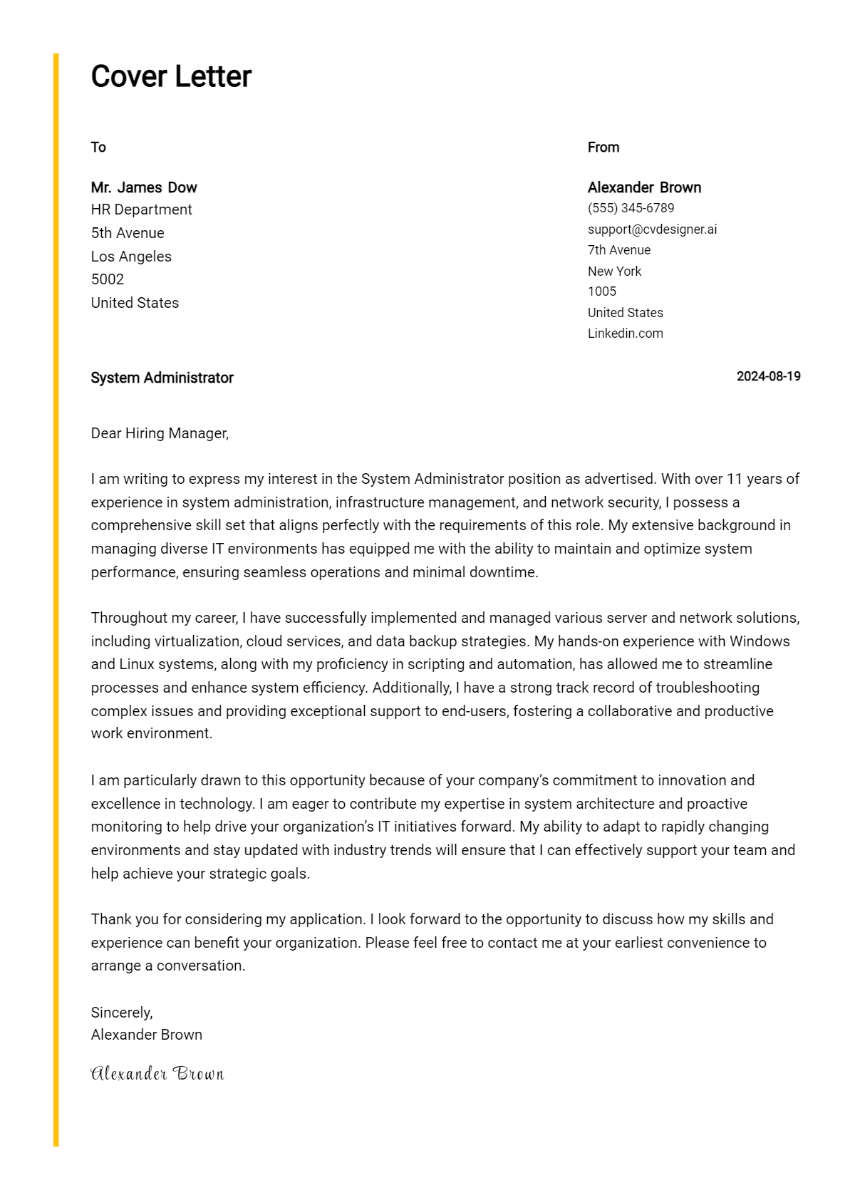 System Administrator Cover Letter Examples and Templates for 2026 Preview