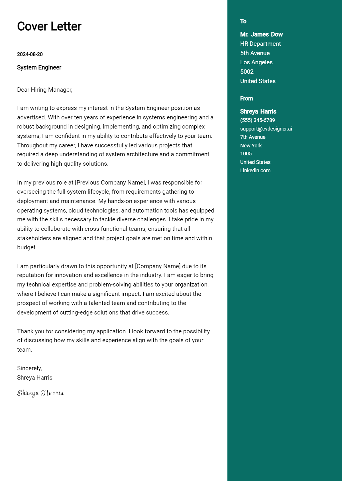 System Engineer Cover Letter Examples & Samples for 2026 Preview