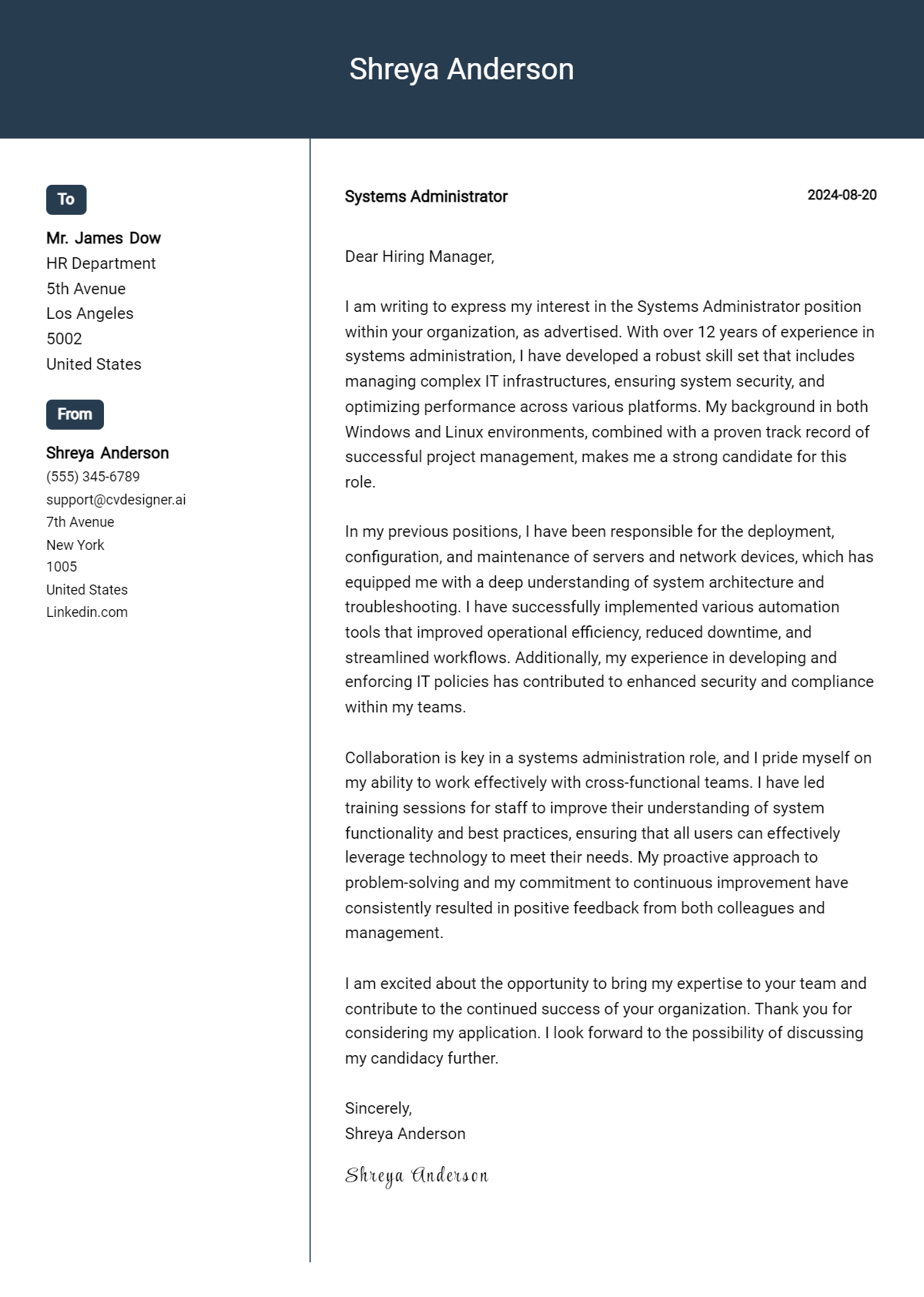 Systems Administrator Cover Letter Example for 2026: Proven Tips Preview