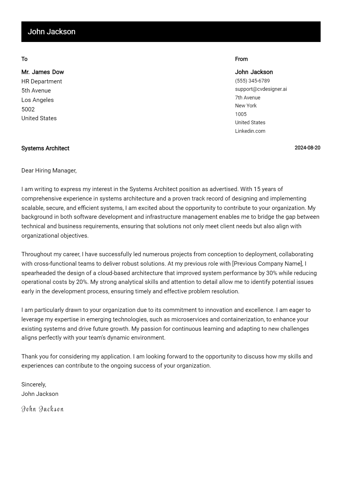 Systems Architect Cover Letter Example for 2026: Top CV Skills Preview