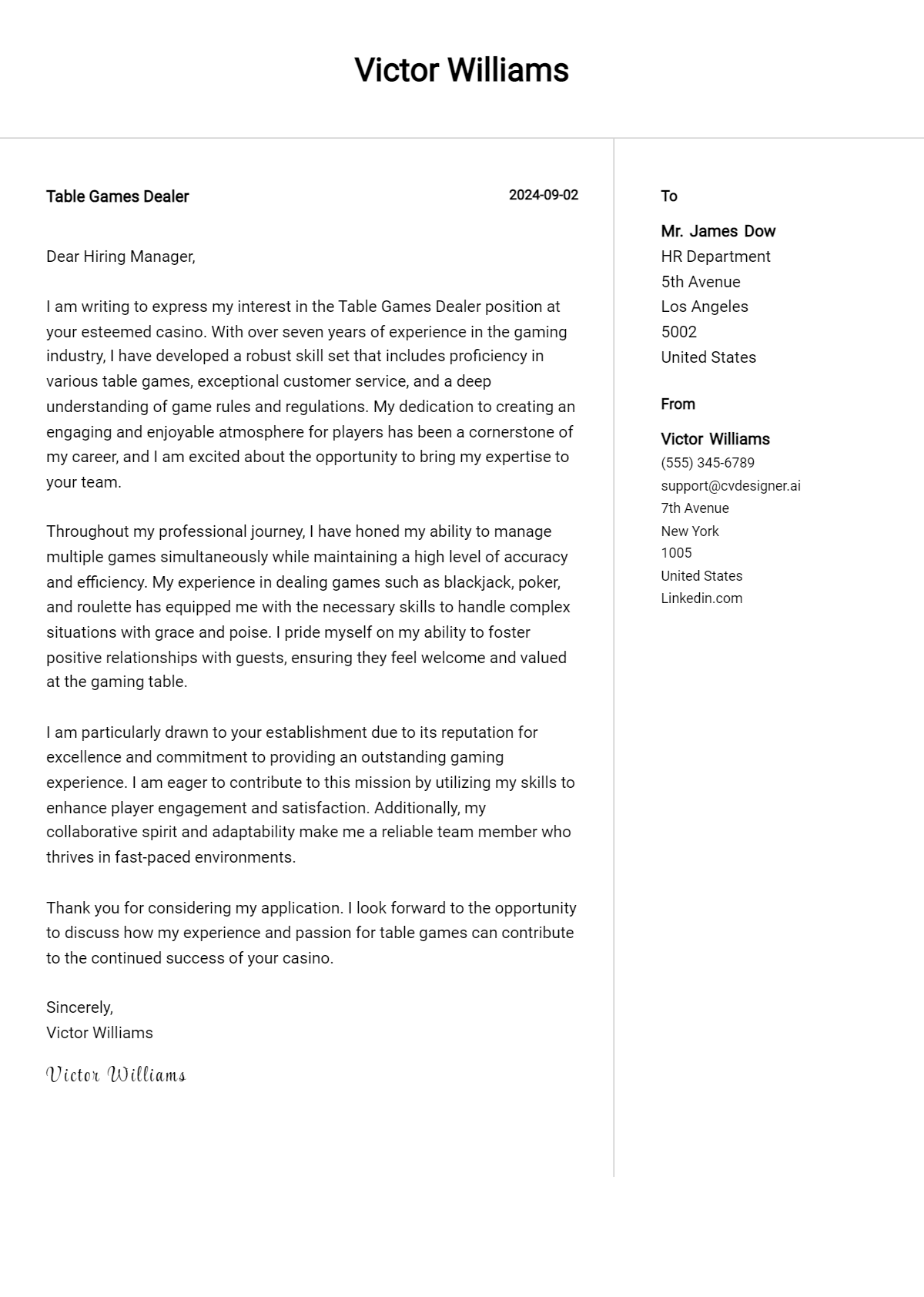 Table Games Dealer Cover Letter Example for 2026: Free Templates Preview