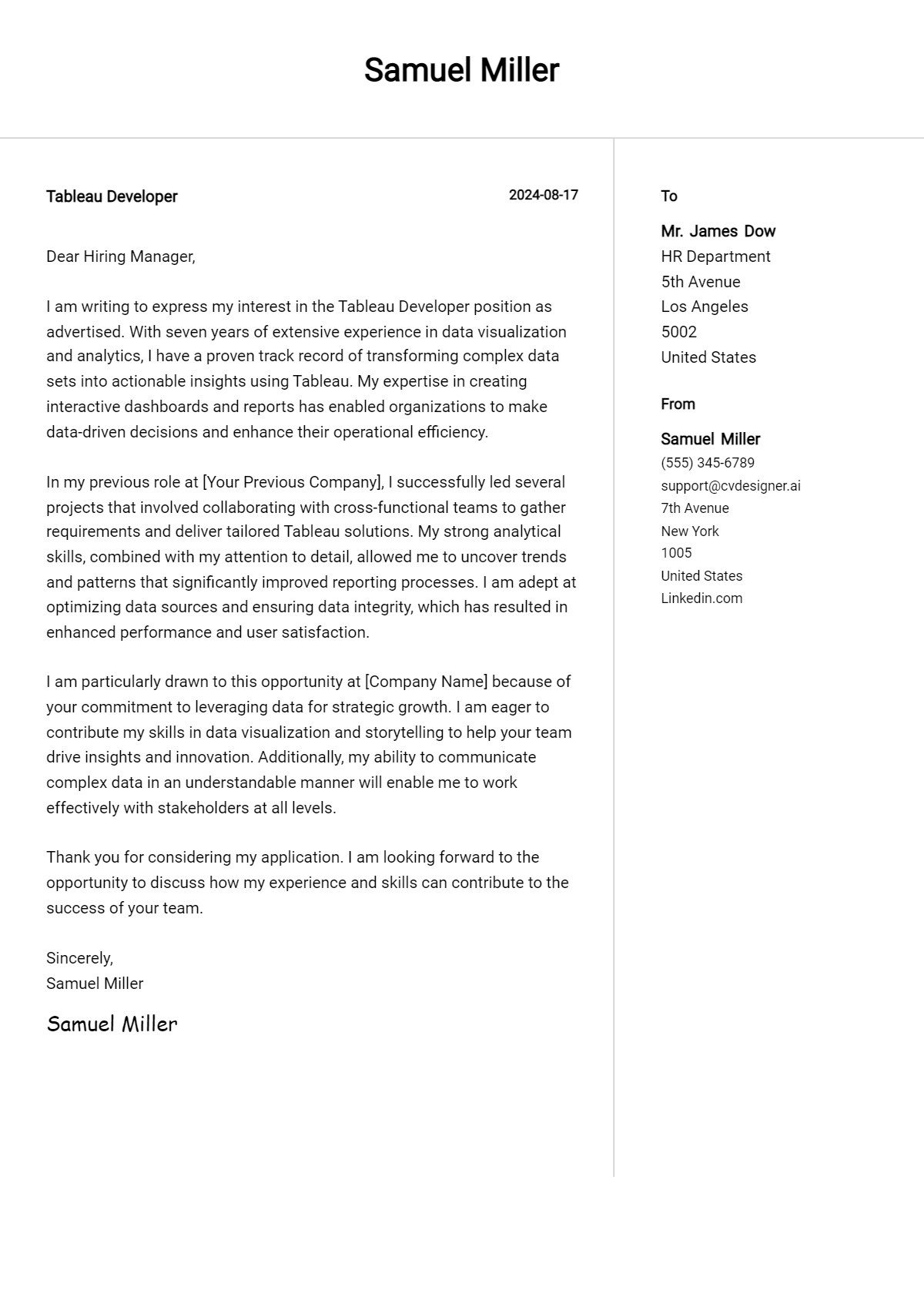 Tableau Developer Cover Letter Examples & Samples for 2026 Preview