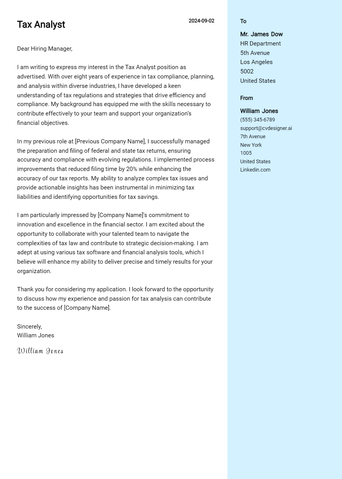 Tax Analyst Cover Letter Example for 2026: Free Templates Preview