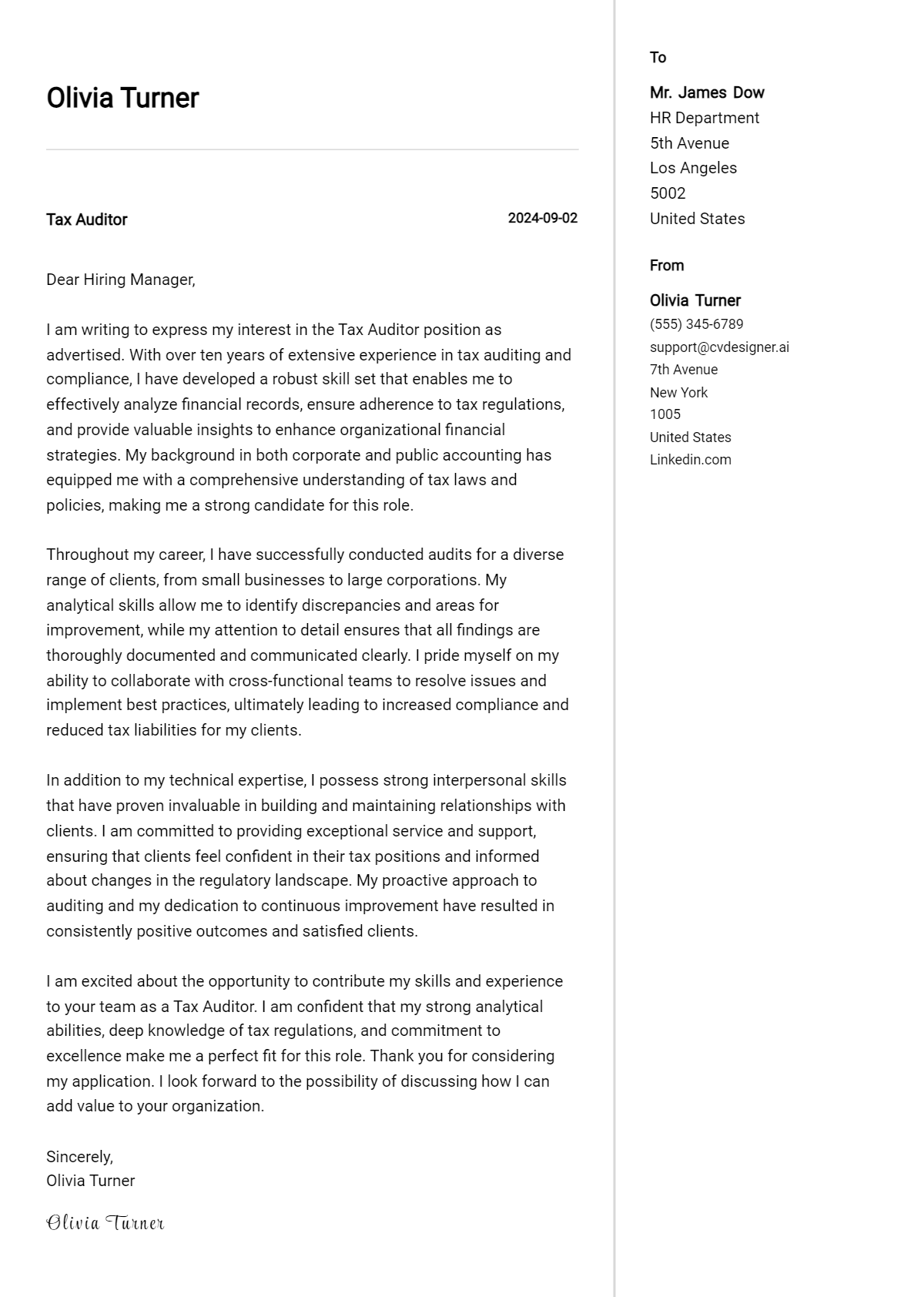 15 Tax Auditor Cover Letter Examples for 2026 (Download Templates) Preview