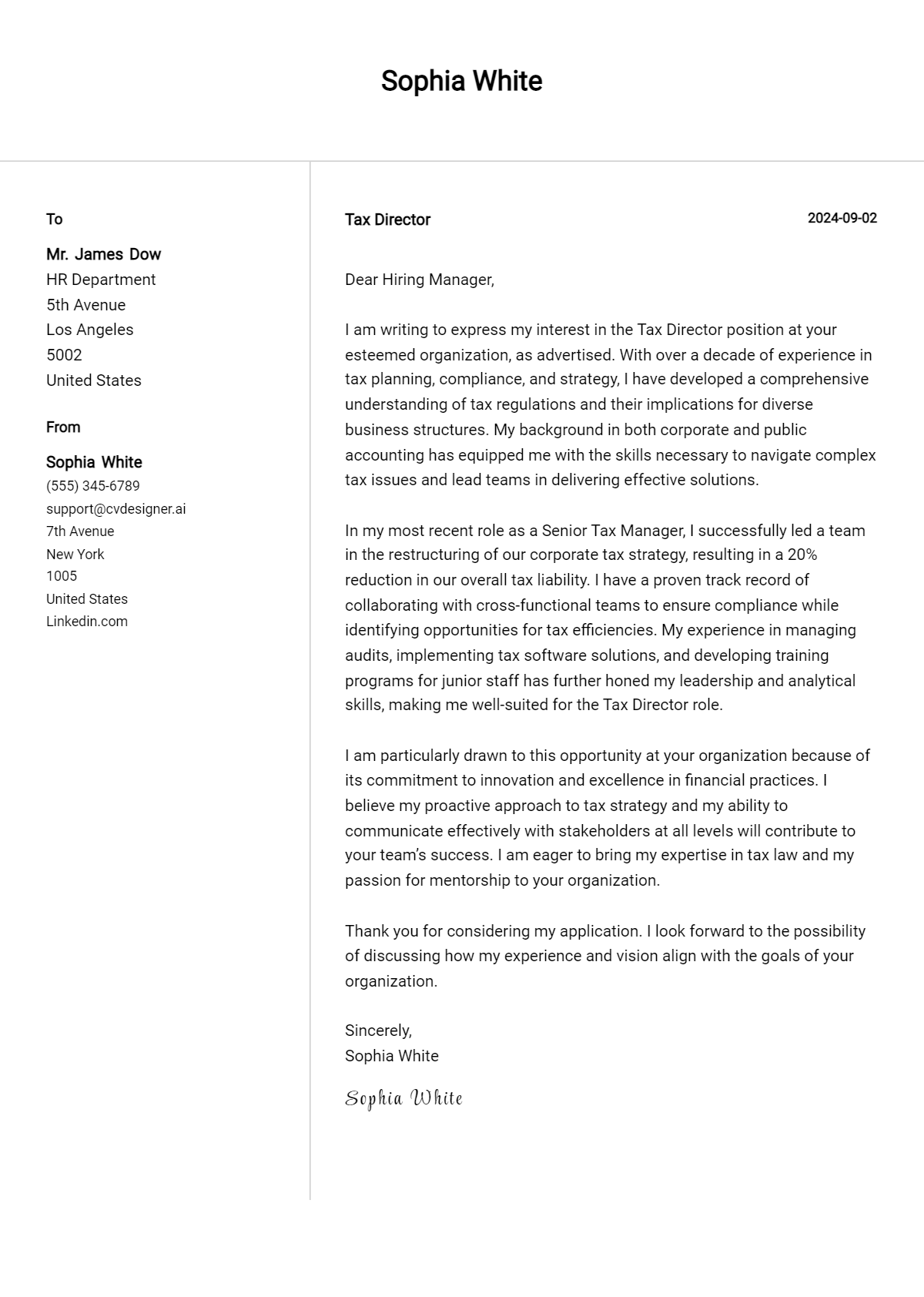 Tax Director Cover Letter Examples & Samples for 2026 Preview