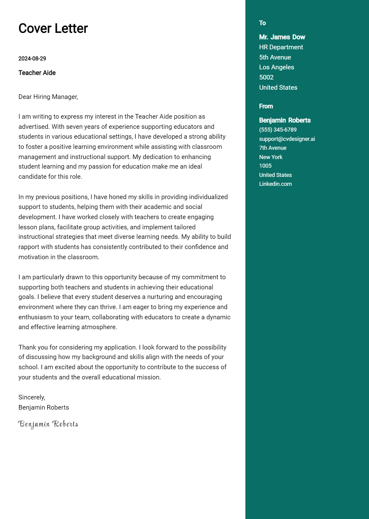 Teacher Aide Cover Letter Example for 2026 (Writing Guide) Preview