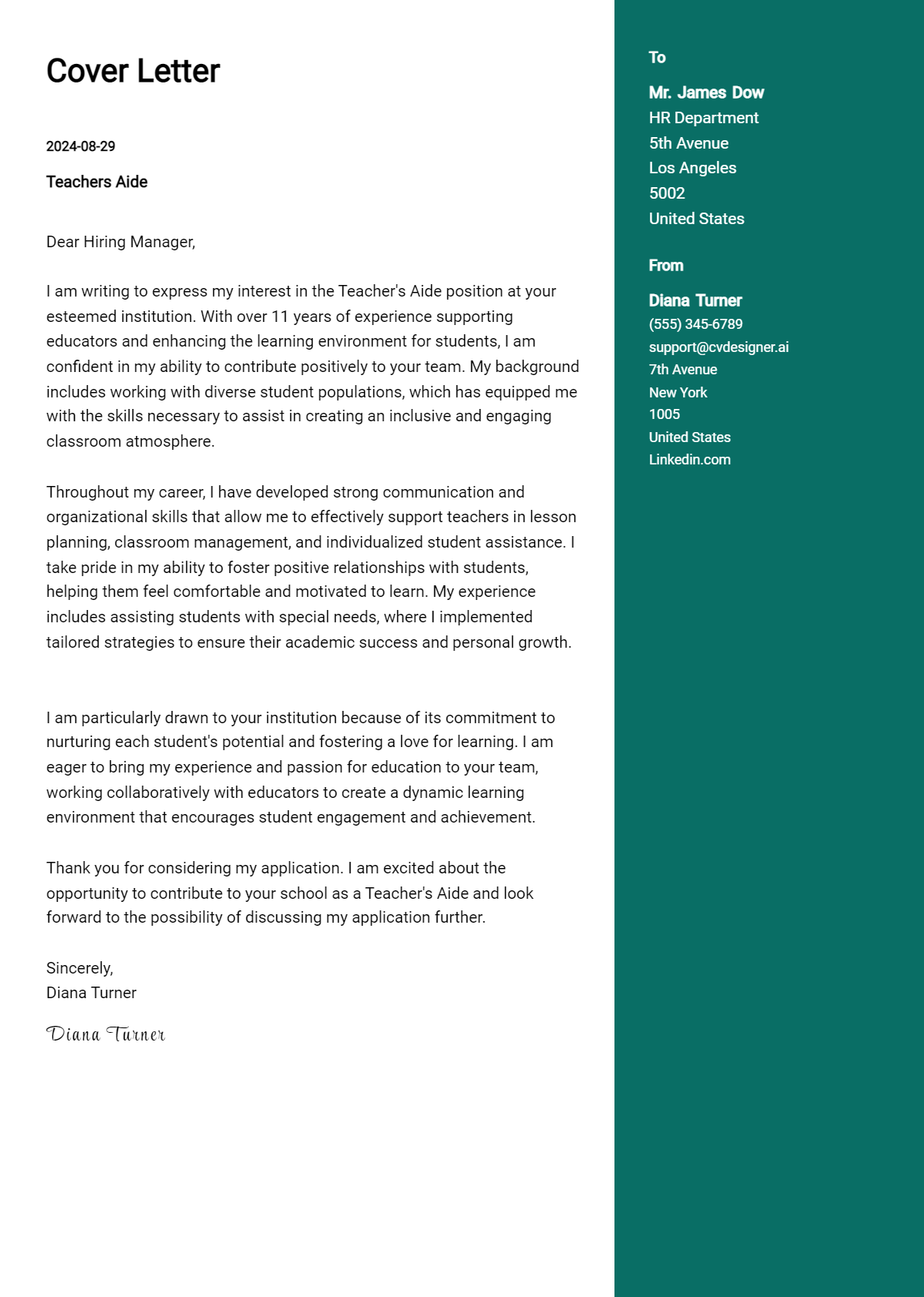 Teachers Aide Cover Letter Example for 2026 (Free Templates) Preview