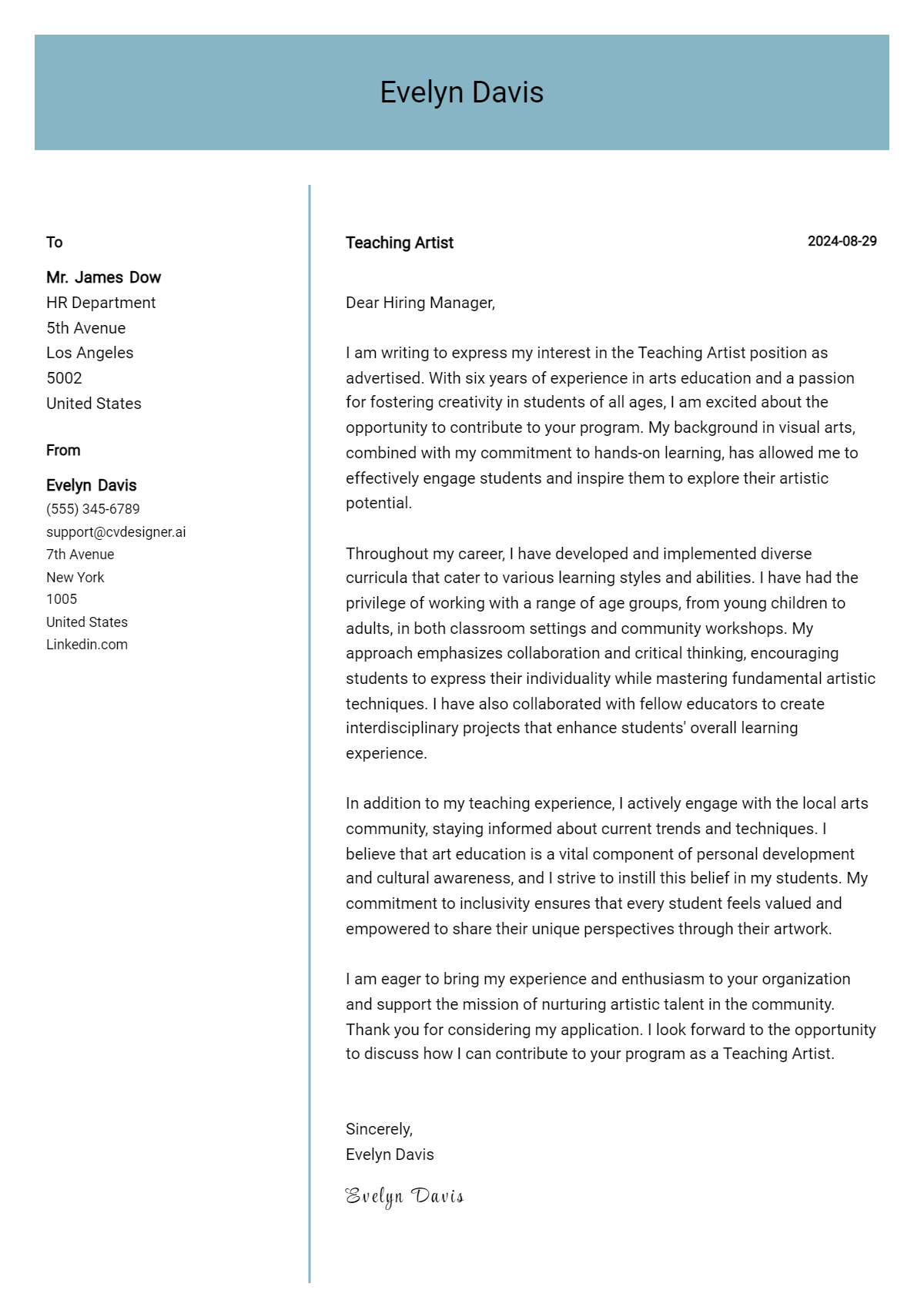 Teaching Artist Cover Letter Example for 2026: Tips & Templates Preview