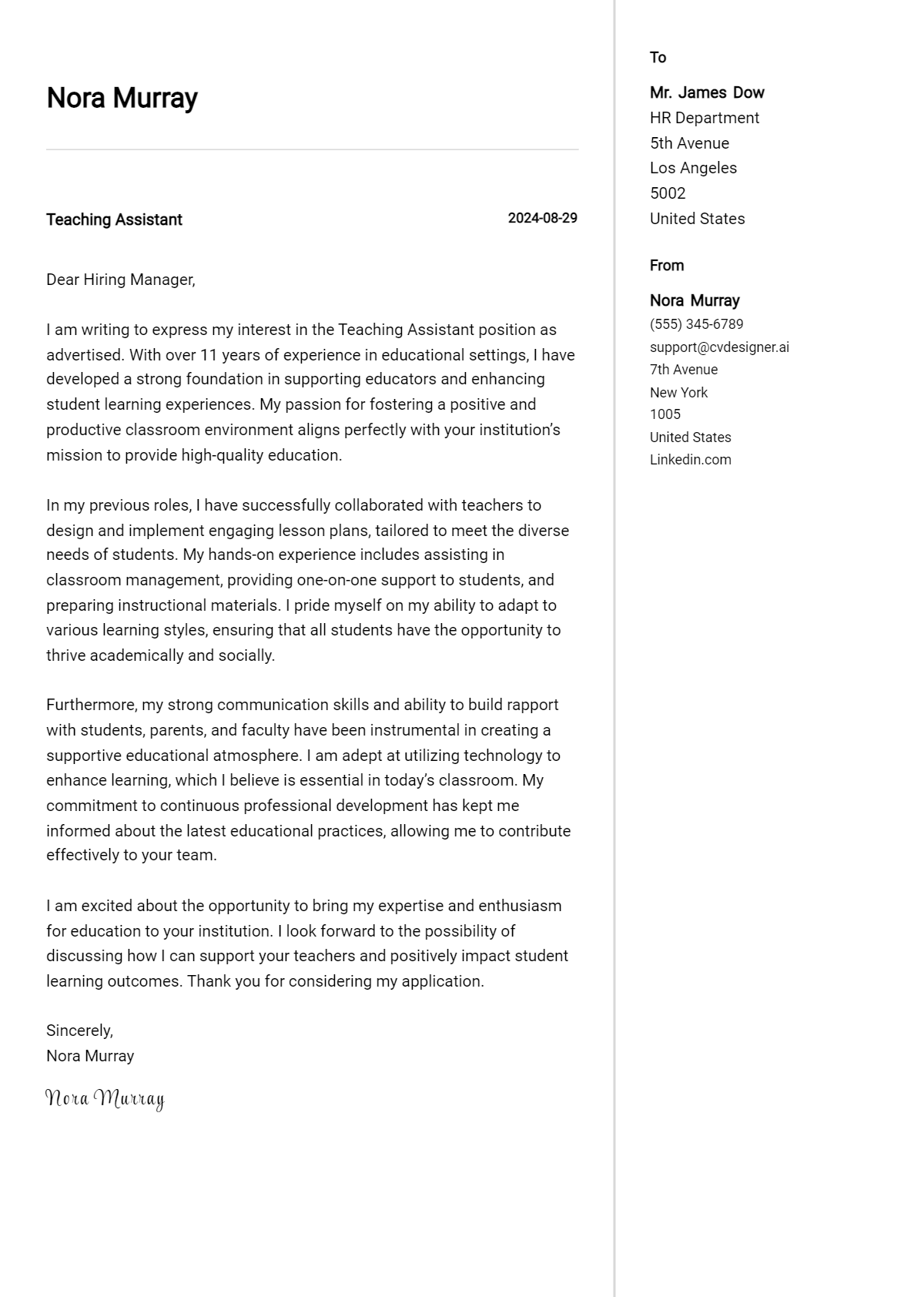 Teaching Assistant Cover Letter Examples for 2026 (Downloadable) Preview