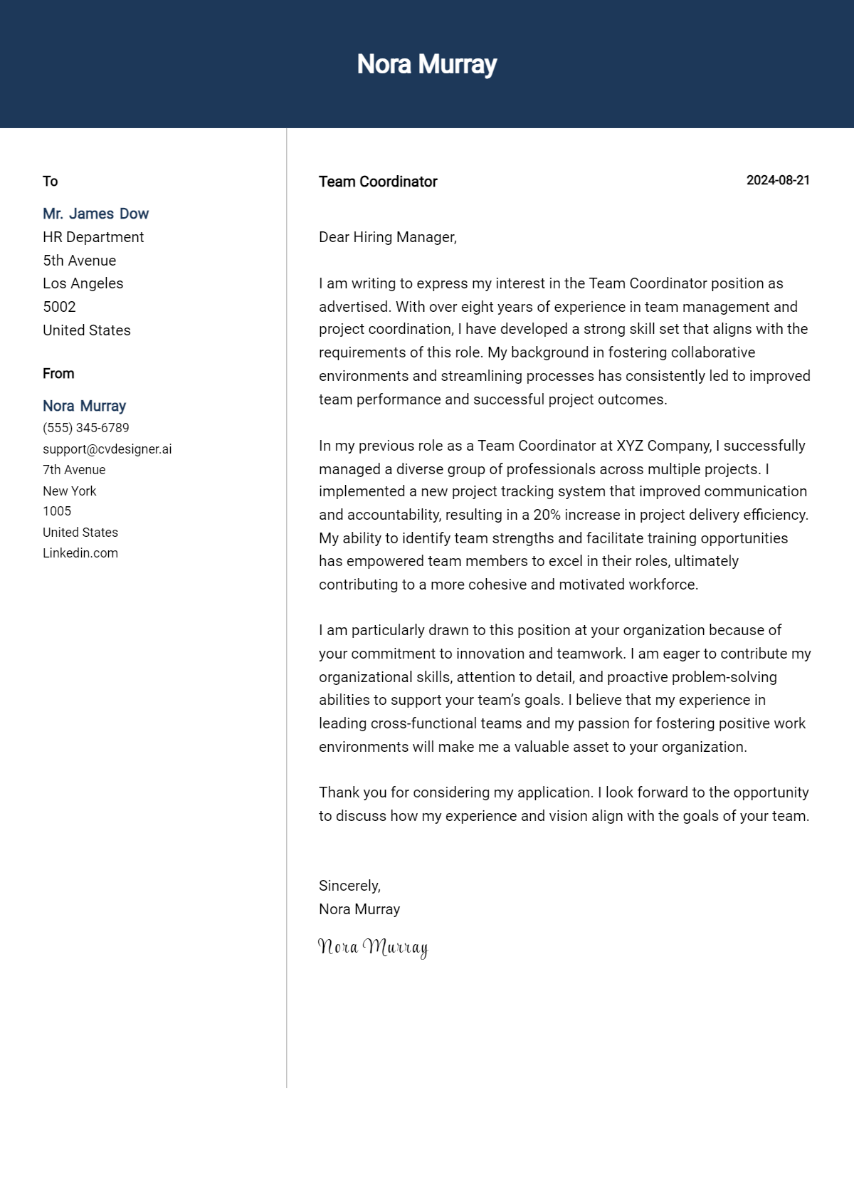 Team Coordinator Cover Letter Example for 2026: Tips & Templates Preview