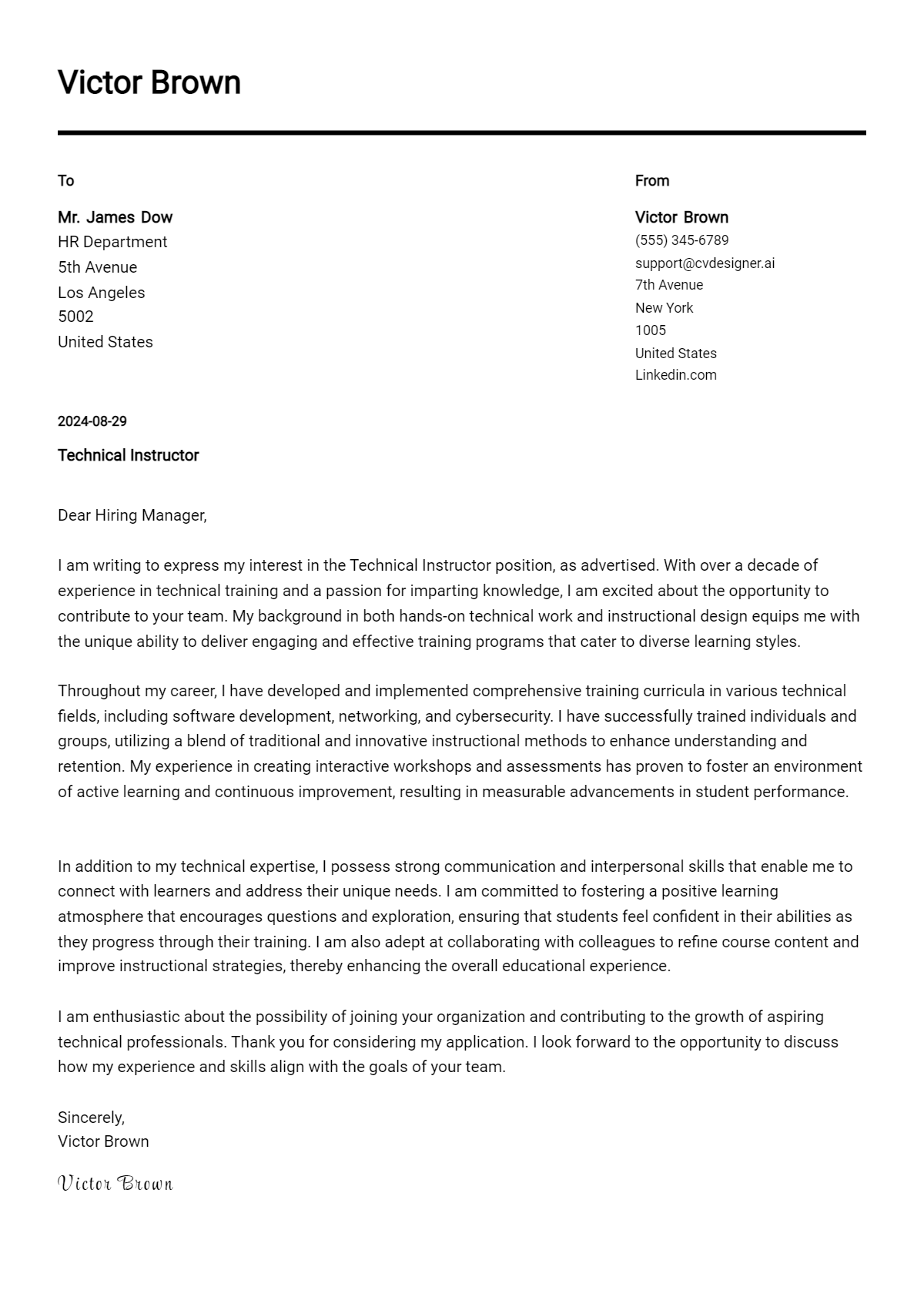 Technical Instructor Cover Letter Examples & Samples for 2026 Preview