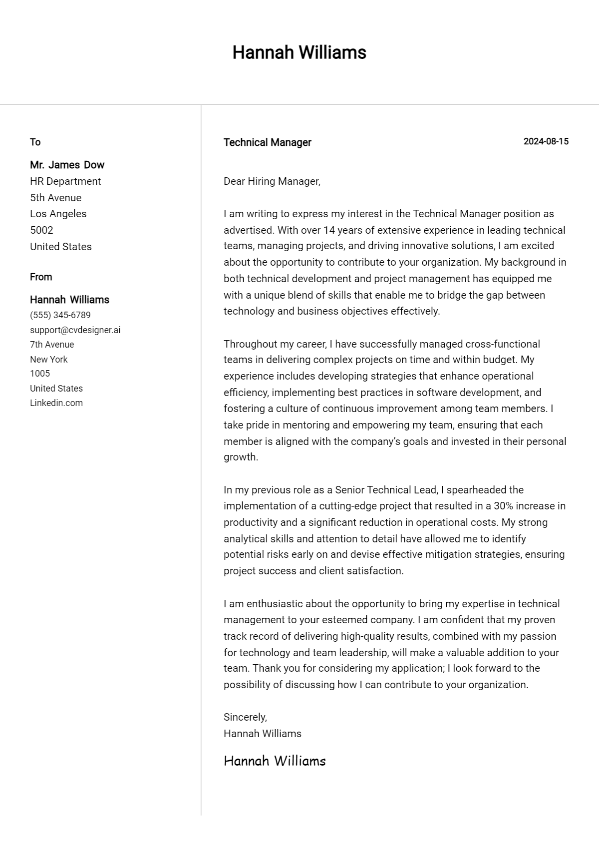 Technical Manager Cover Letter Samples & Examples 2026 Preview