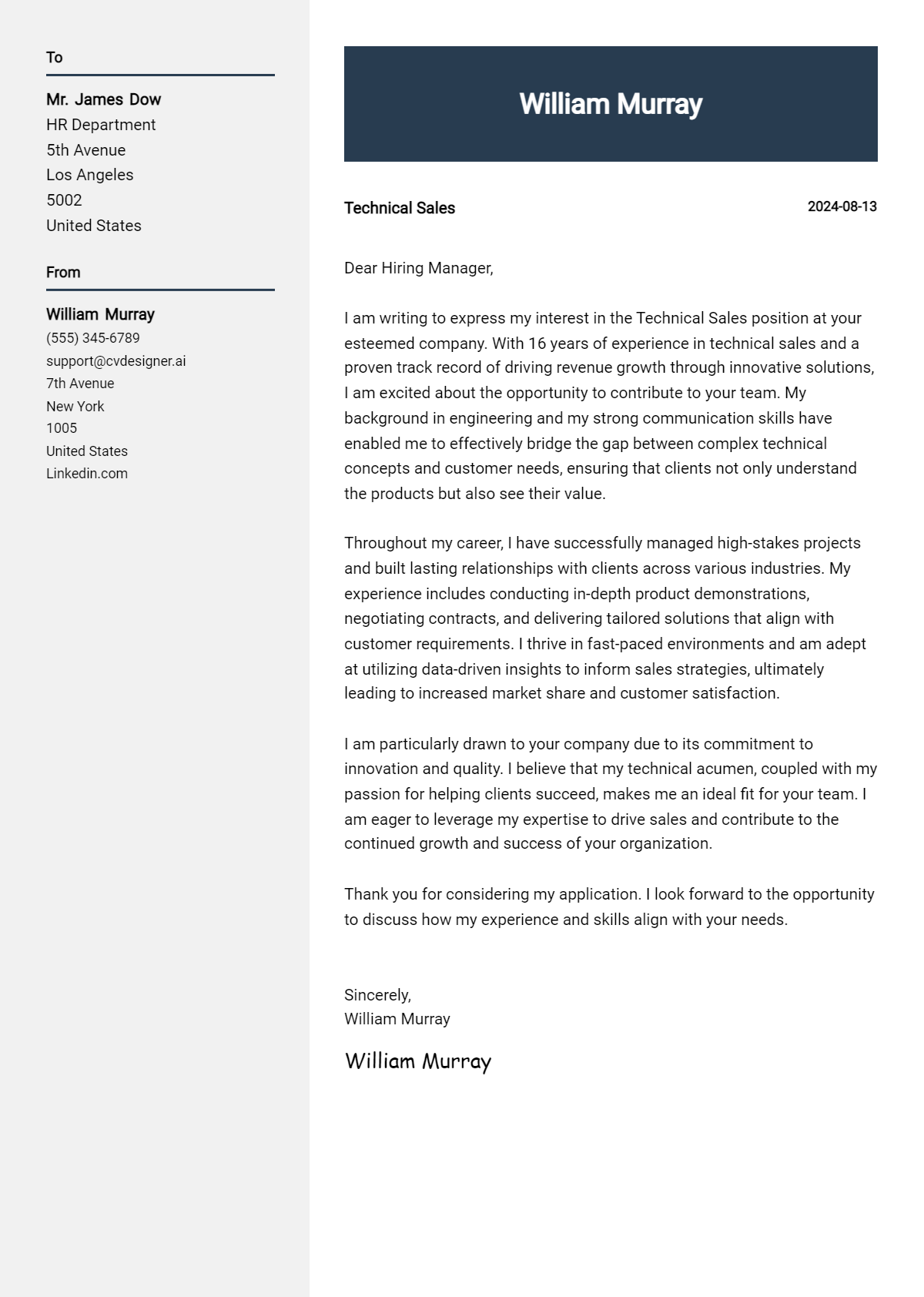 Technical Sales Cover Letter Examples & Samples for 2026 Preview