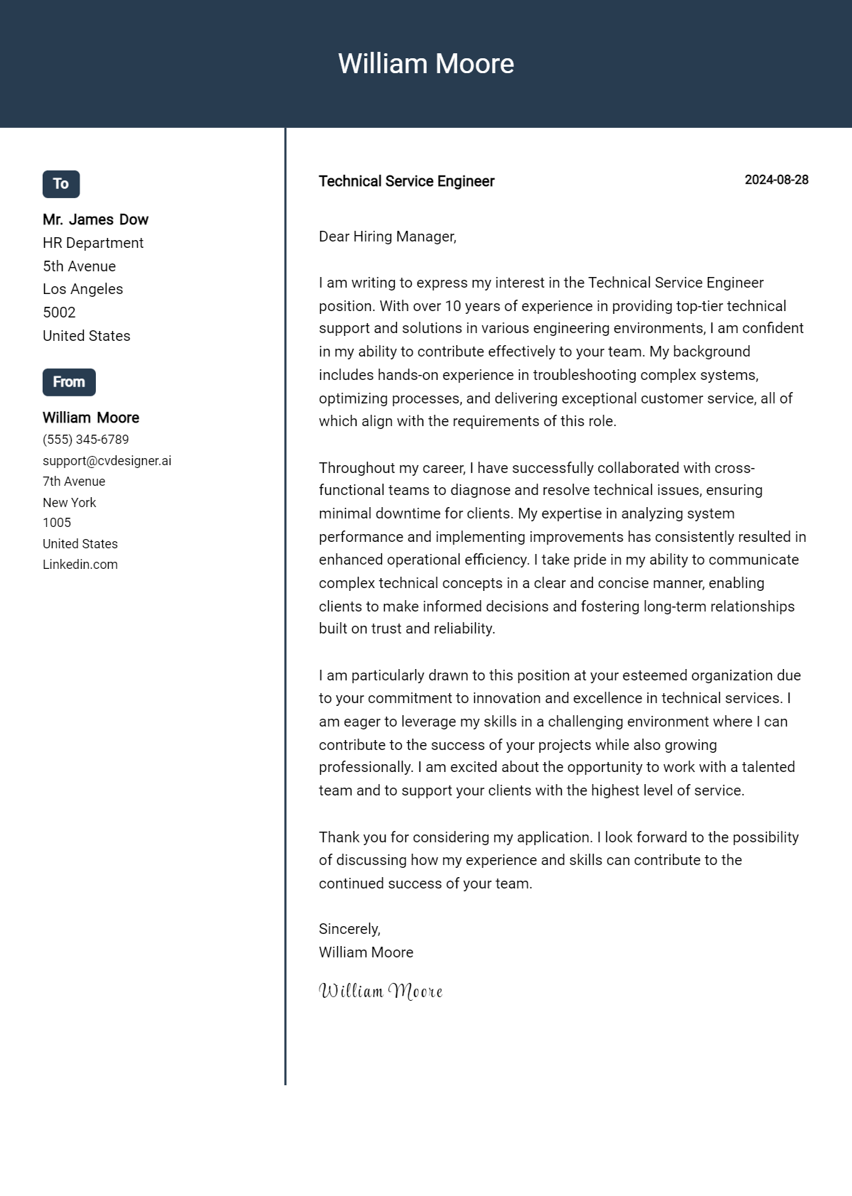 Technical Service Engineer Cover Letter Examples & Samples for 2026 Preview