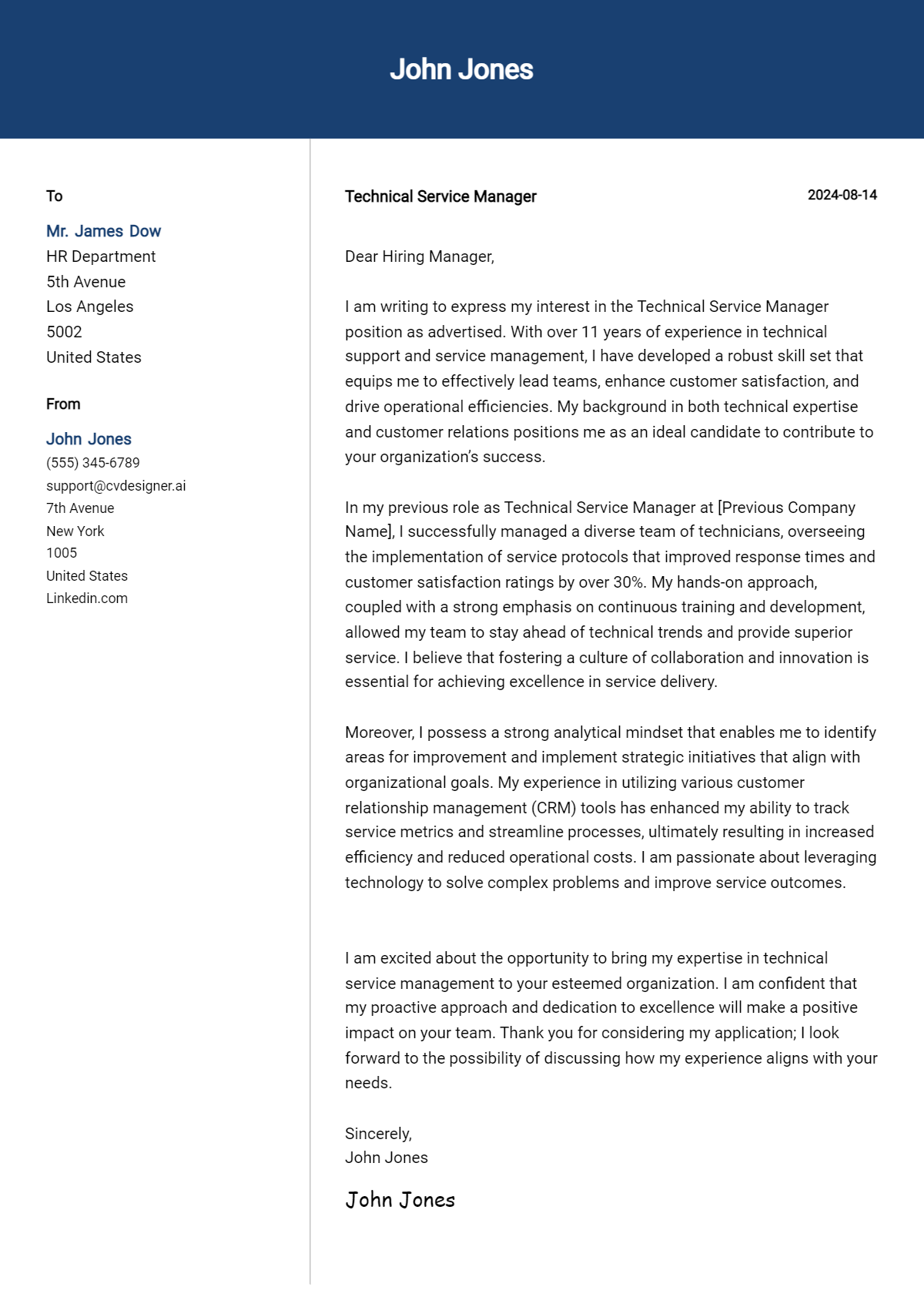 Technical Service Manager Cover Letter Example for 2026: Tips & Templates Preview