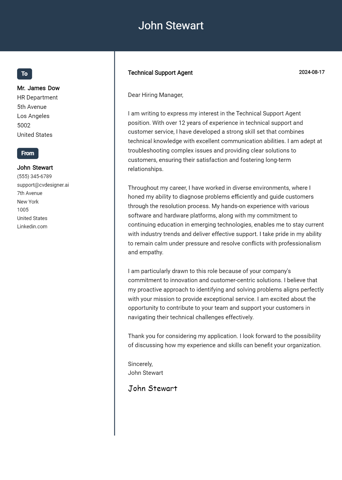 Technical Support Agent Cover Letter Example for 2026 (Writing Guide) Preview