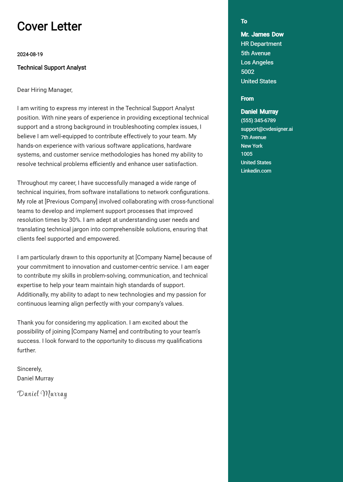 Technical Support Analyst Cover Letter Example for 2026: Free Templates Preview