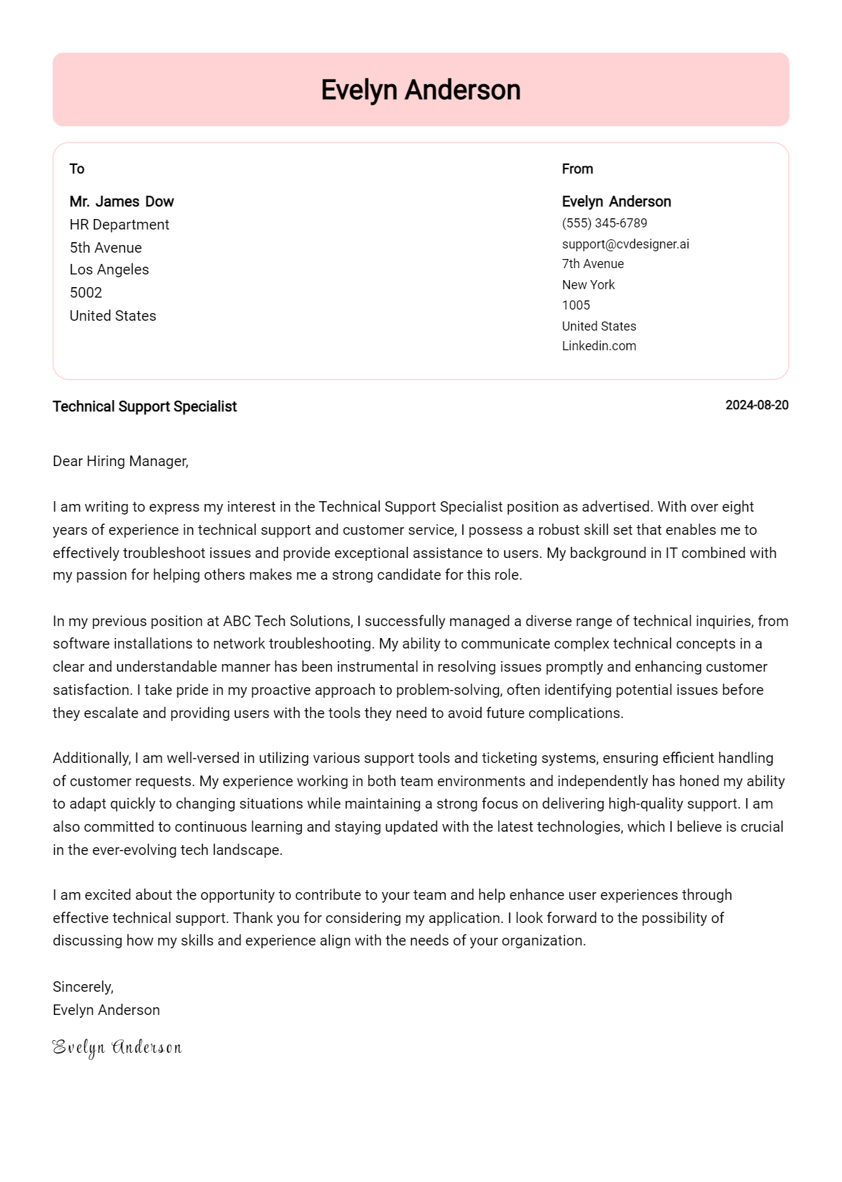 Technical Support Specialist Cover Letter Example for 2026: Free Templates Preview