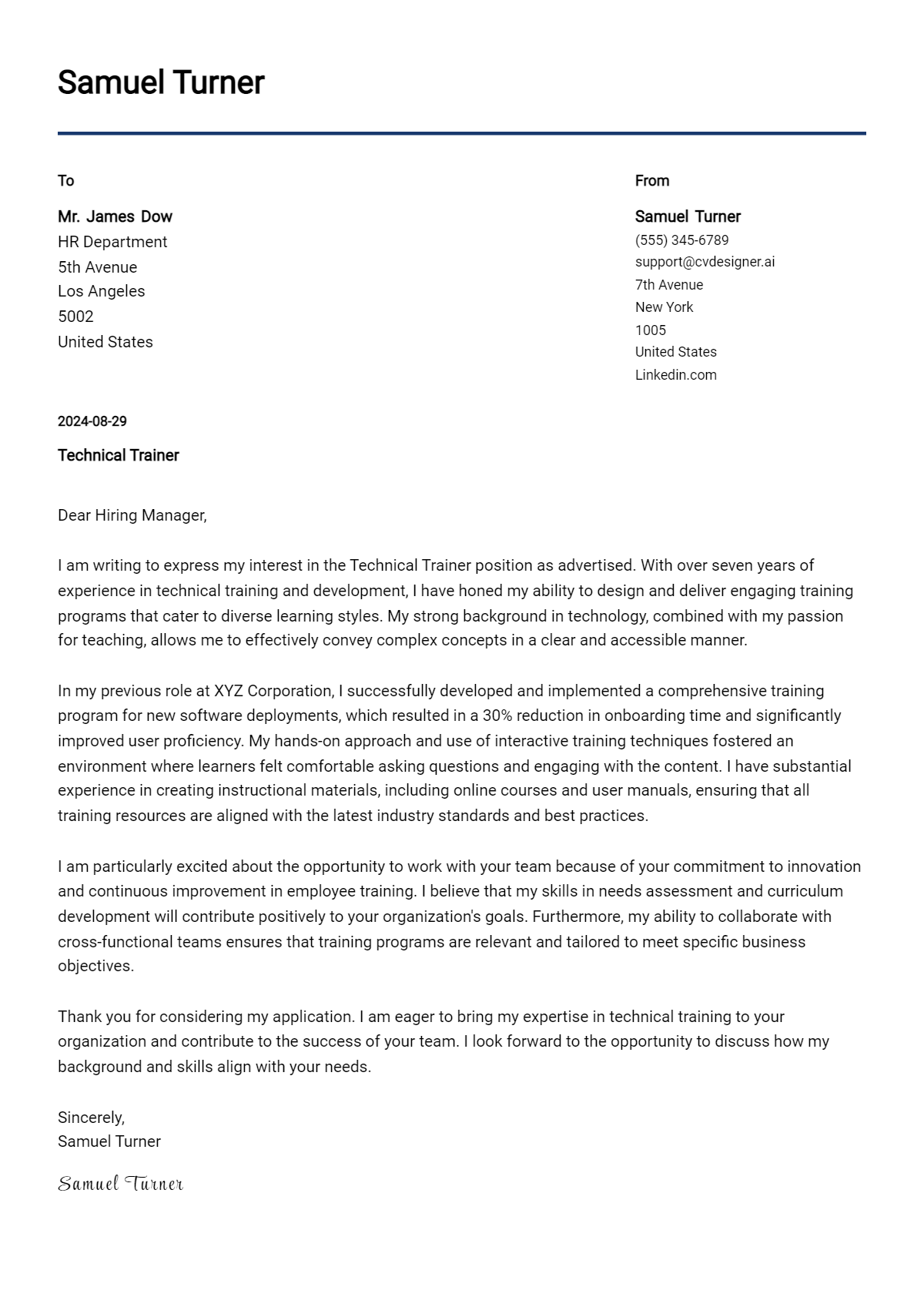 Technical Trainer Cover Letter Example for 2026: Tips & Templates Preview