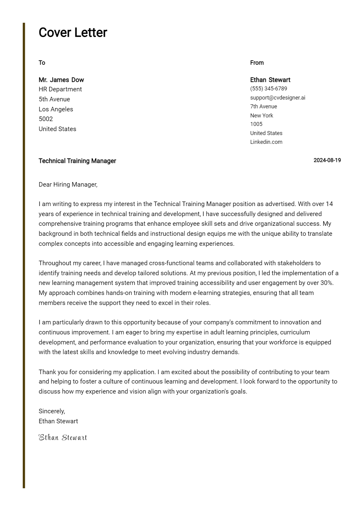 Technical Training Manager Cover Letter Examples and Templates for 2026 Preview