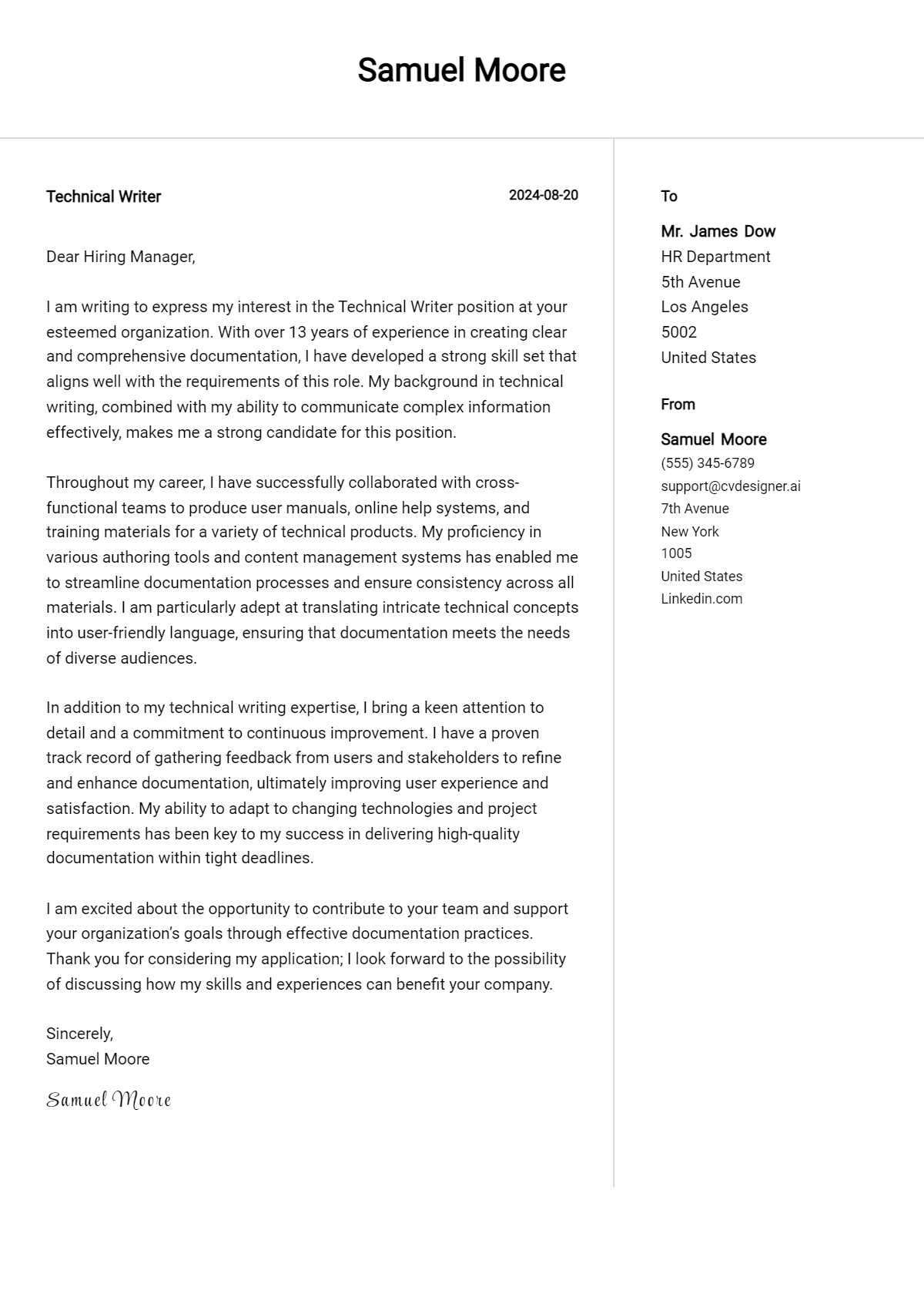 Technical Writer Cover Letter Examples for 2026 (Downloadable) Preview