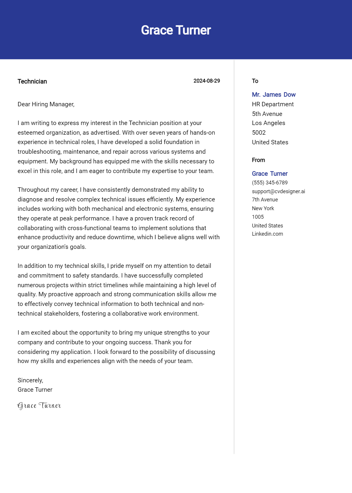 Technician Cover Letter Example for 2026 (Free Templates) Preview