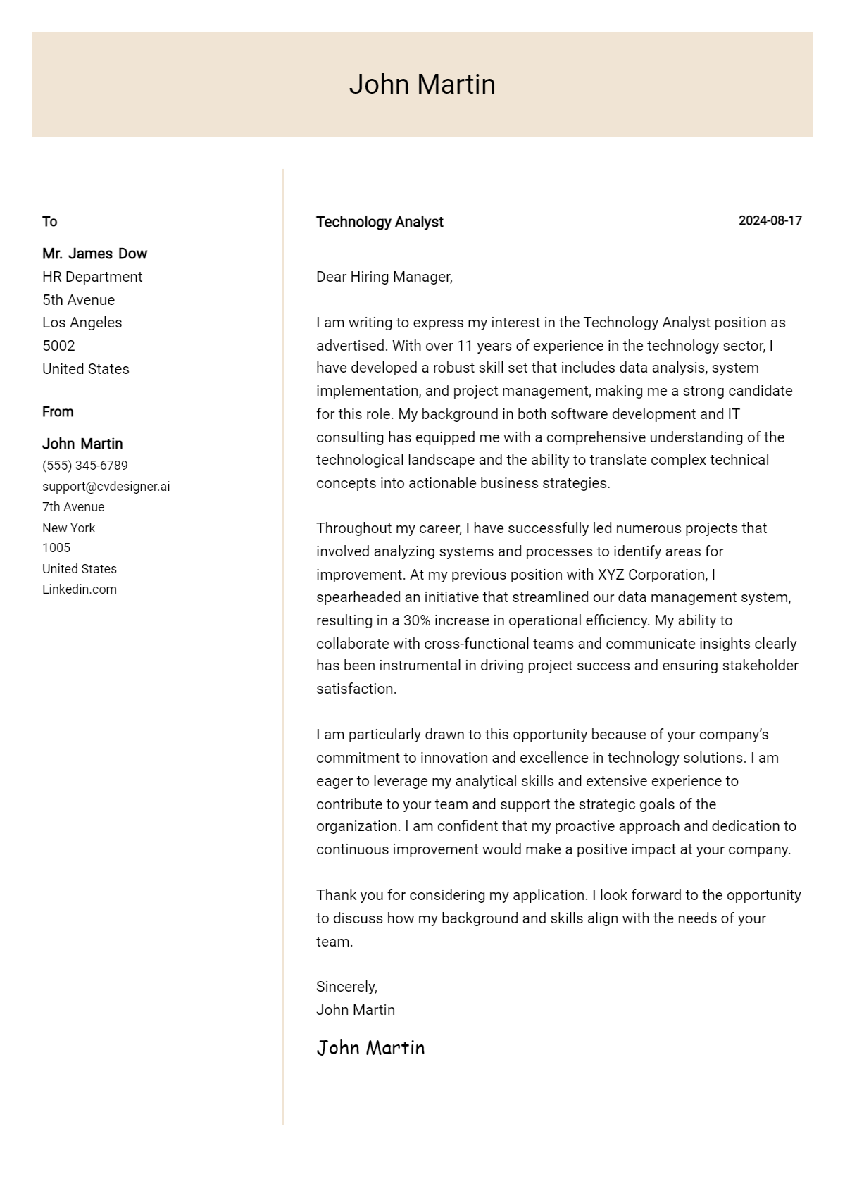 Technology Analyst Cover Letter Examples with Writing Tips for 2026 Preview