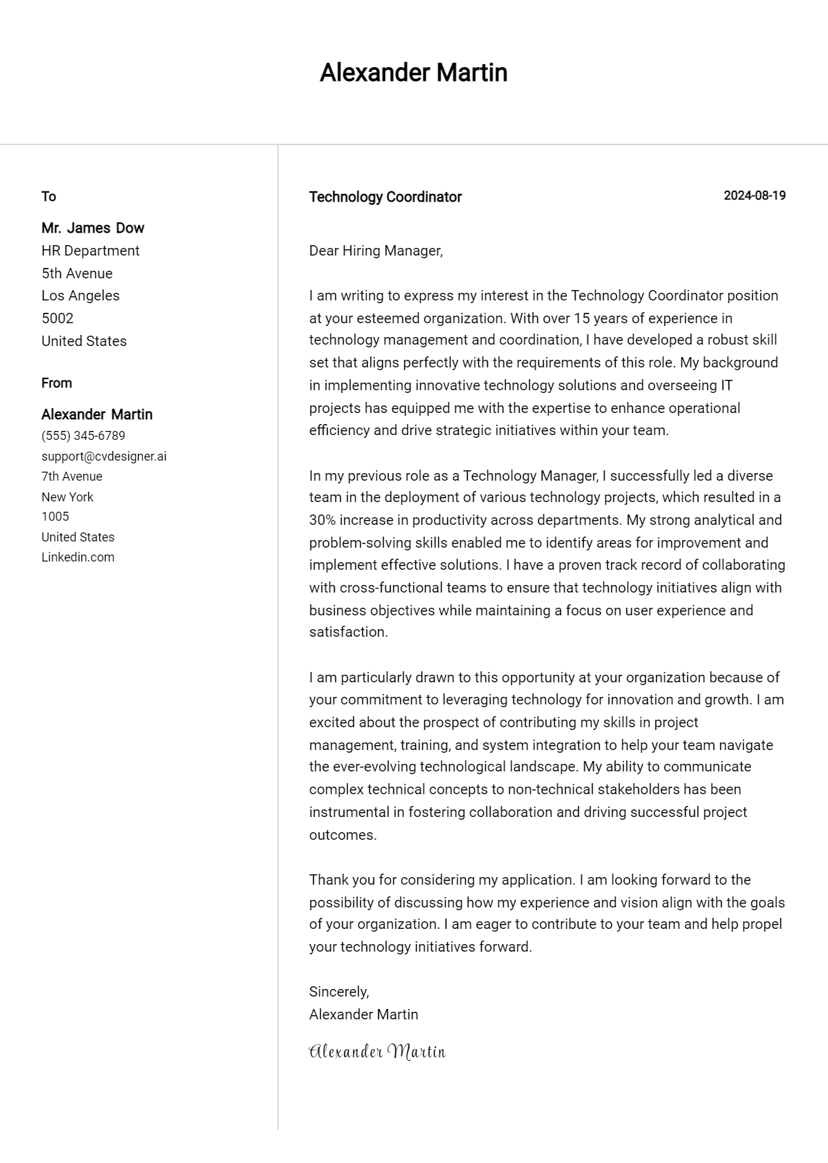 Technology Coordinator Cover Letter Examples for 2026 (Downloadable) Preview