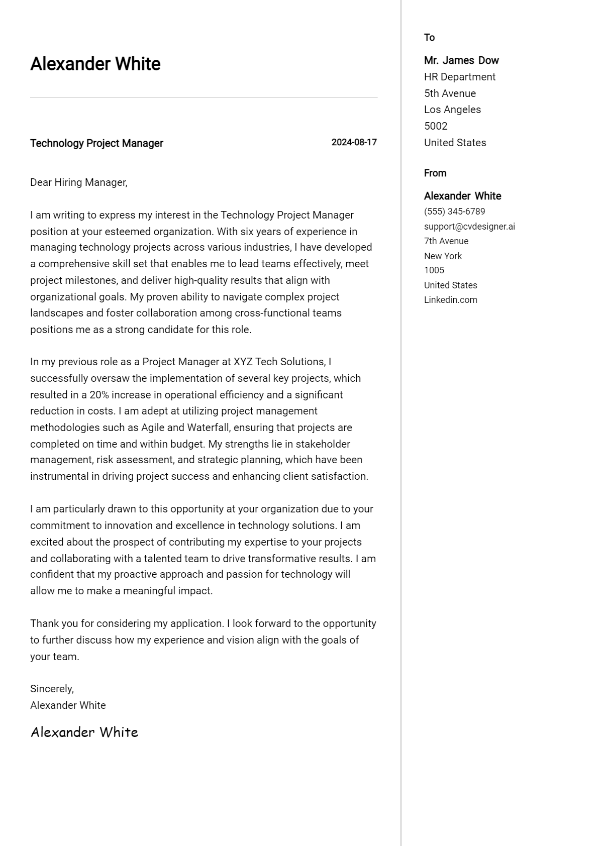 Technology Project Manager Cover Letter Samples & Examples 2026 Preview