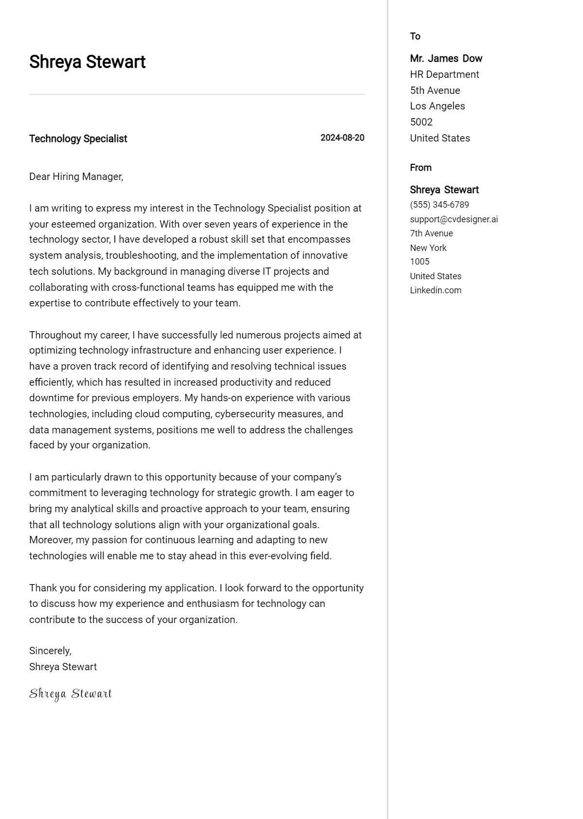 Technology Specialist Cover Letter Examples & Samples for 2026 Preview
