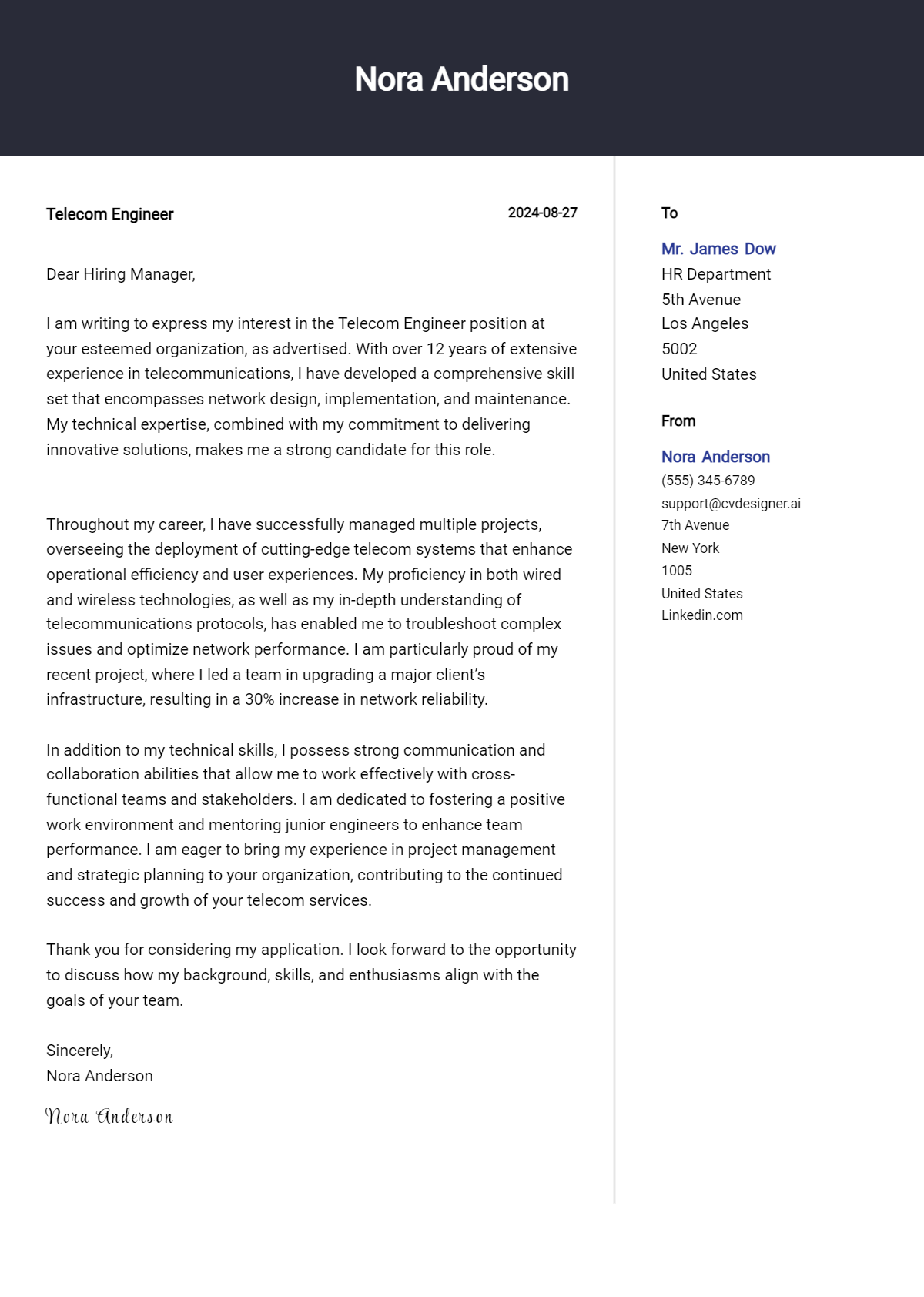 14 Telecom Engineer Cover Letter Examples for 2026 (Downloadable) Preview
