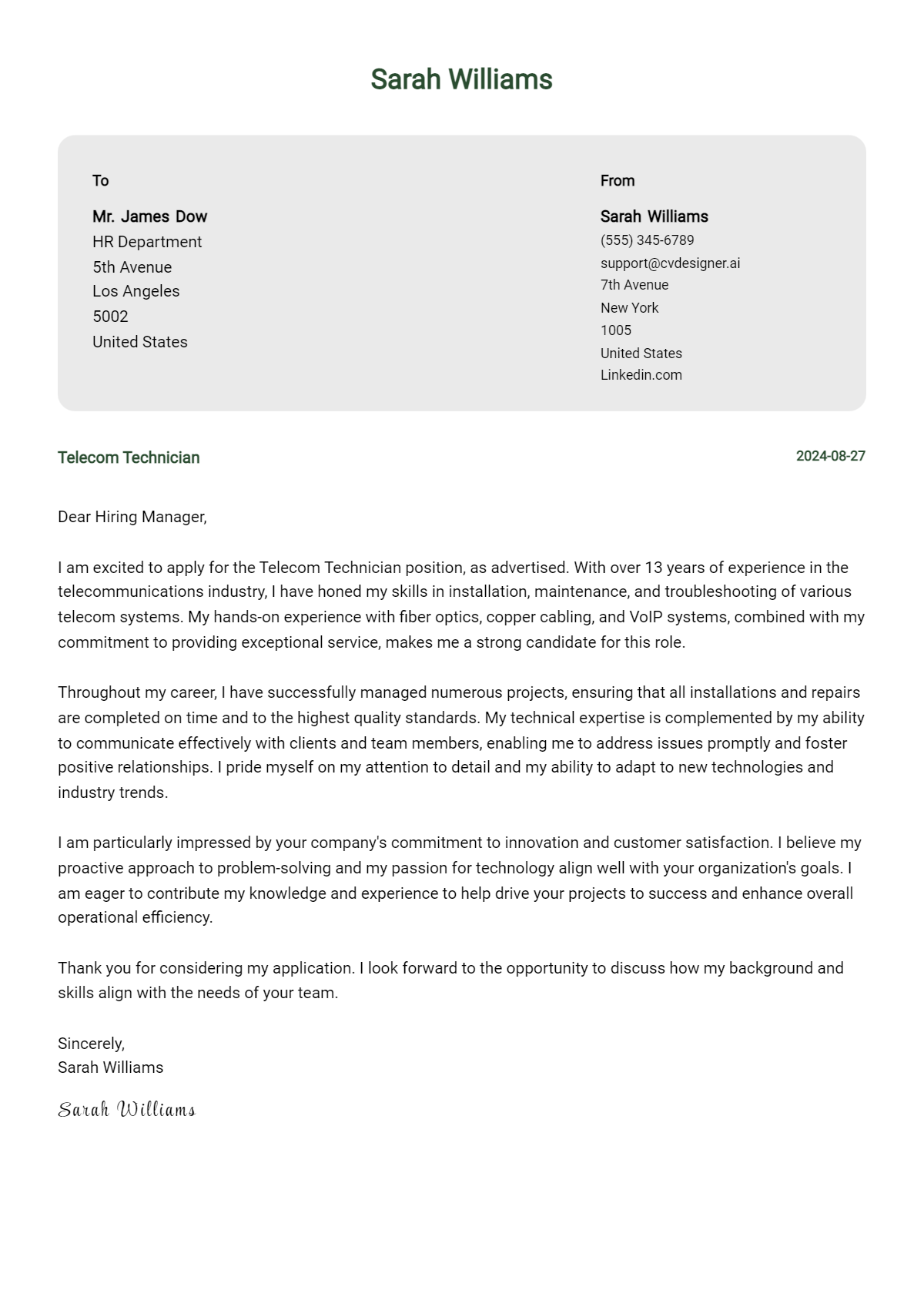 9 Telecom Technician Cover Letter Examples for 2026: Expert Tips & Templates Preview