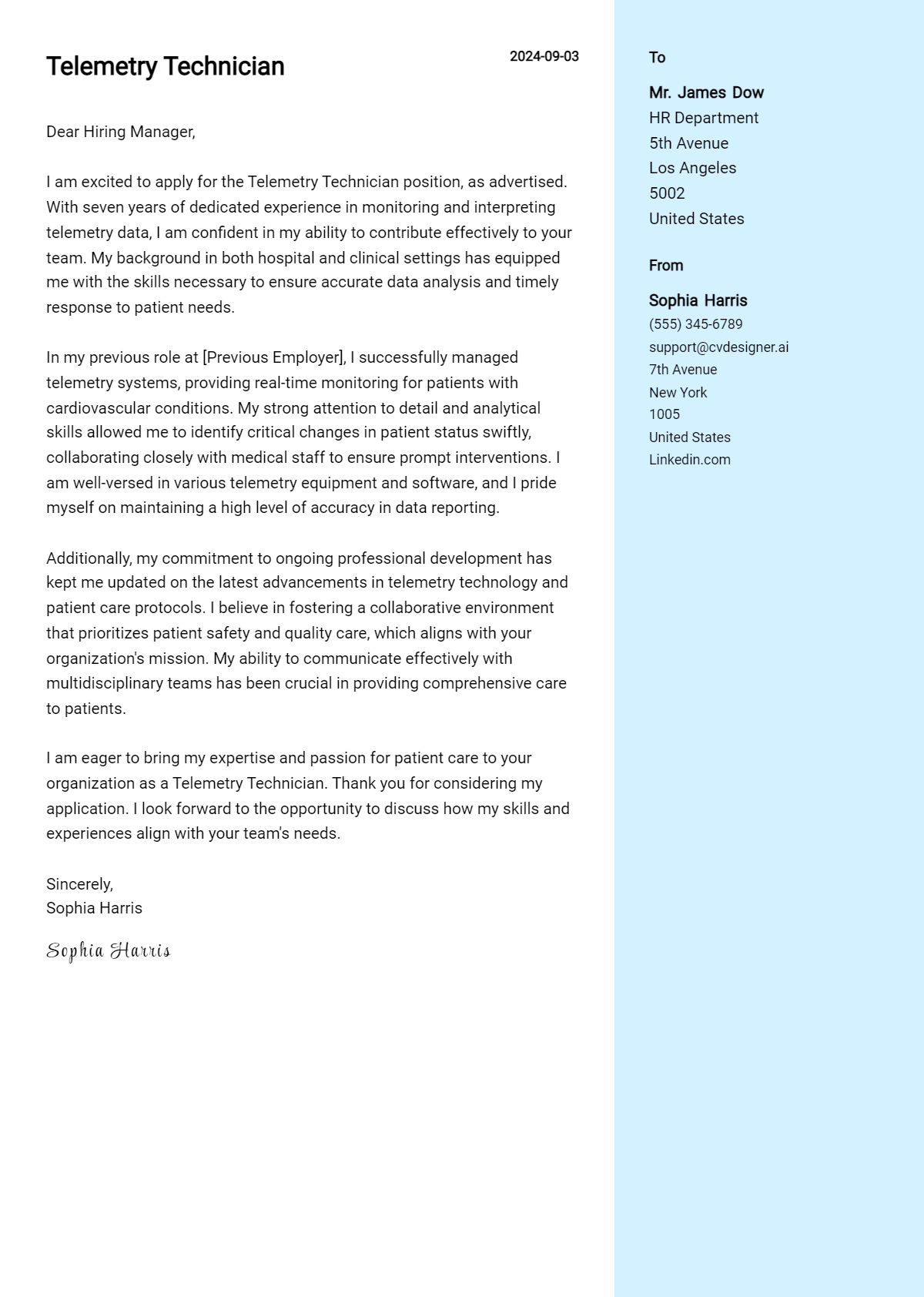 Telemetry Technician Cover Letter Example for 2026: Top CV Skills Preview