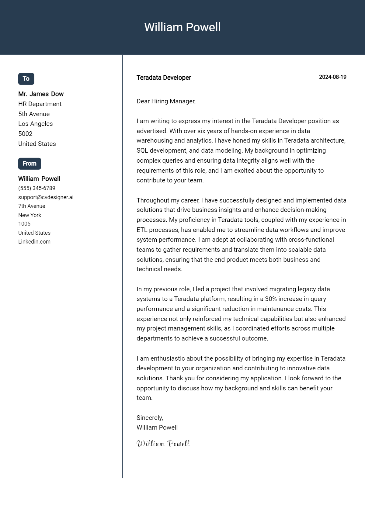 Teradata Developer Cover Letter Example for 2026: Top CV Skills Preview